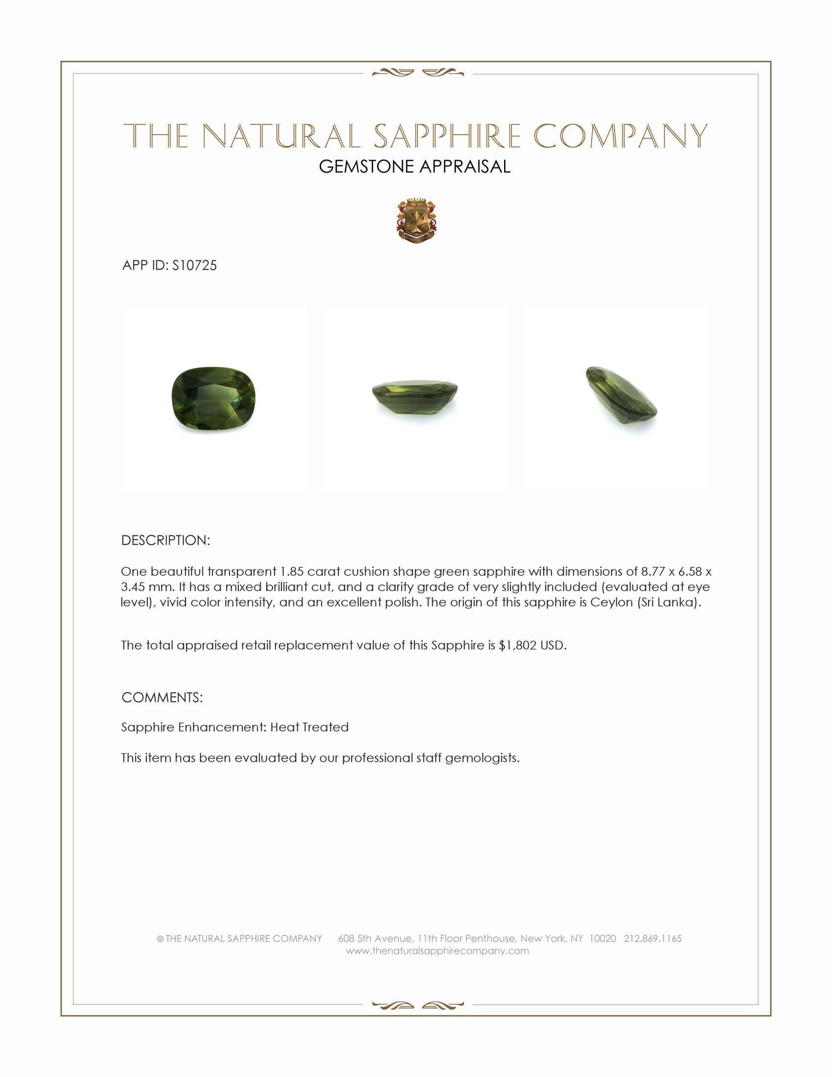 1.85 Ct. Green Sapphire from Ceylon (Sri Lanka)