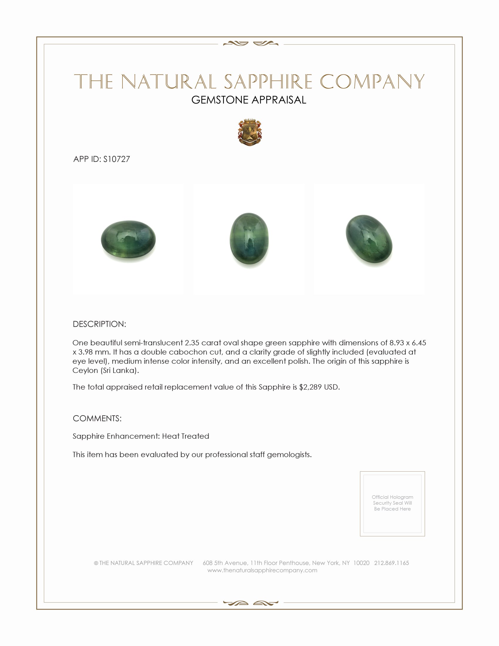 2.35 Ct. Green Cabochon Sapphire from Ceylon (Sri Lanka)