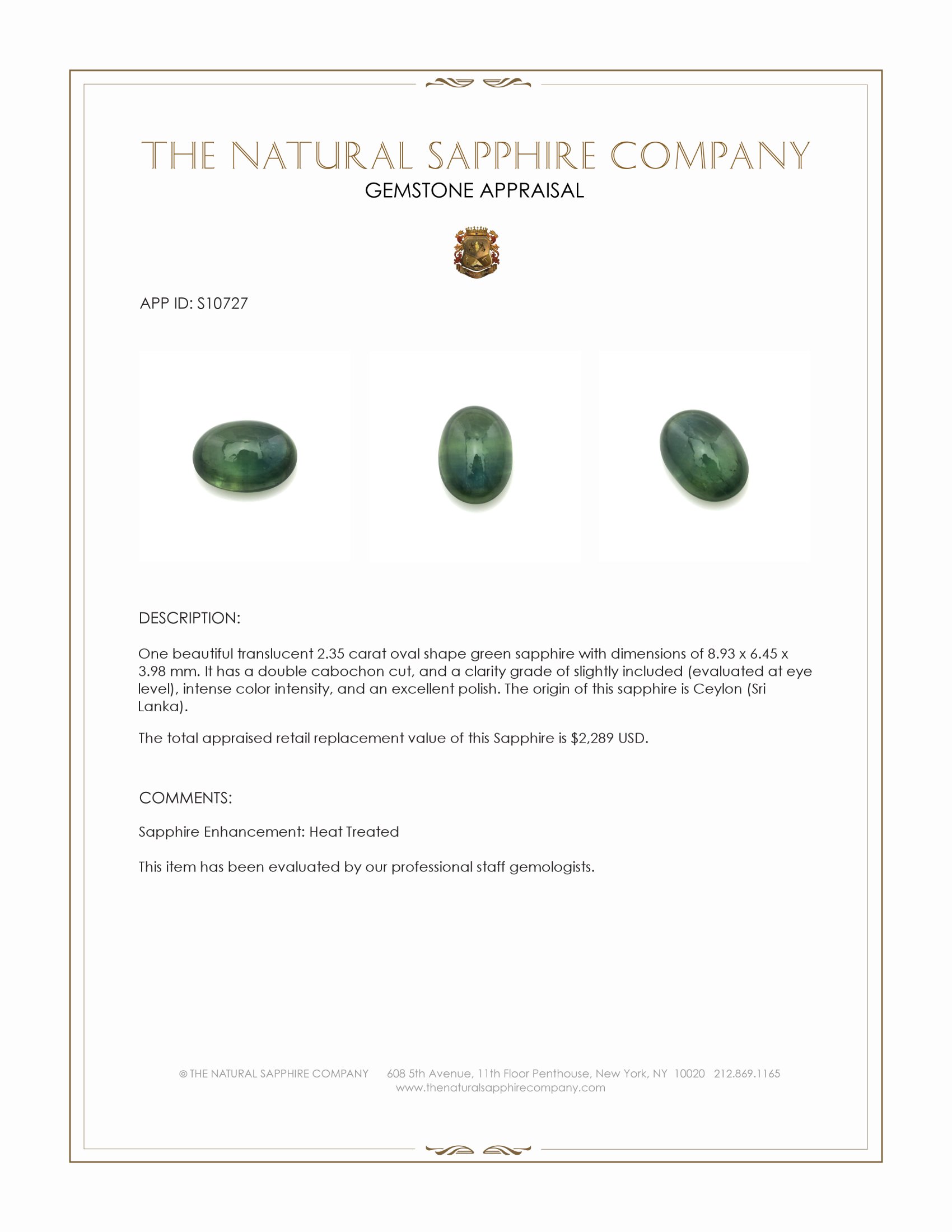 2.35 Ct. Green Cabochon Sapphire from Ceylon (Sri Lanka)