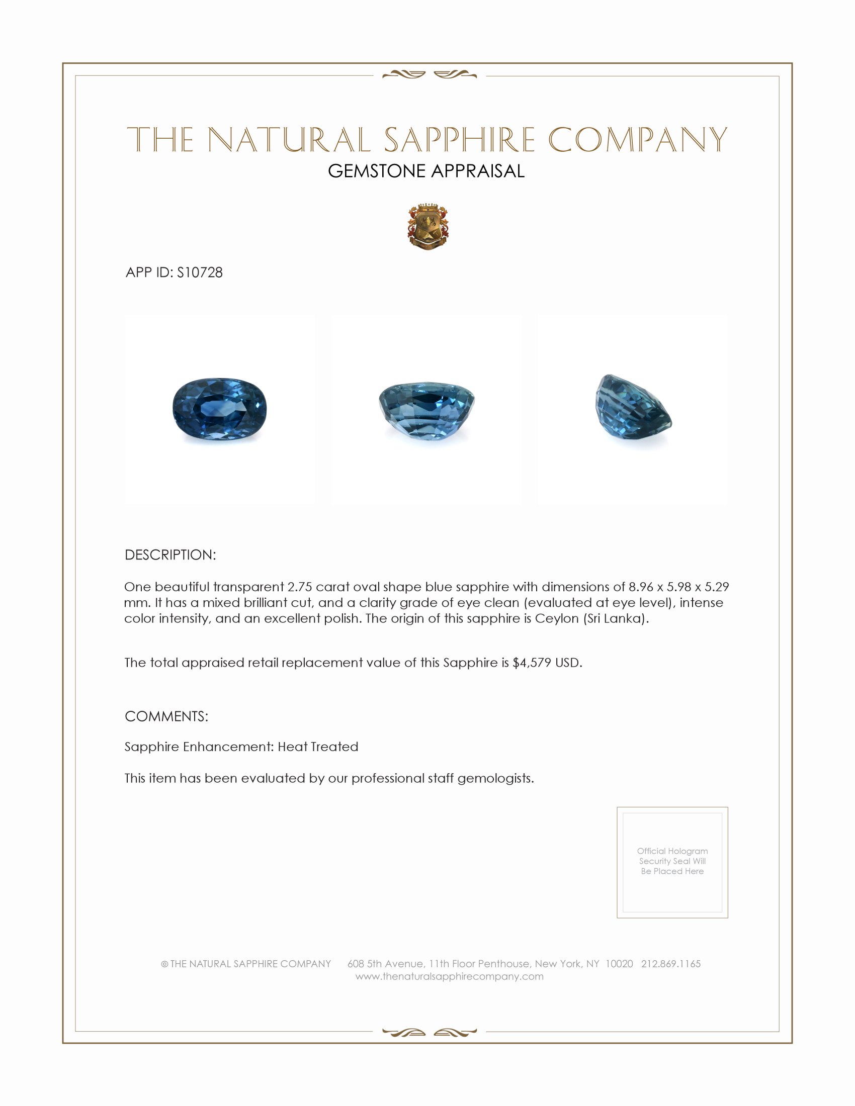 2.75 Ct. Blue Sapphire from Ceylon (Sri Lanka)