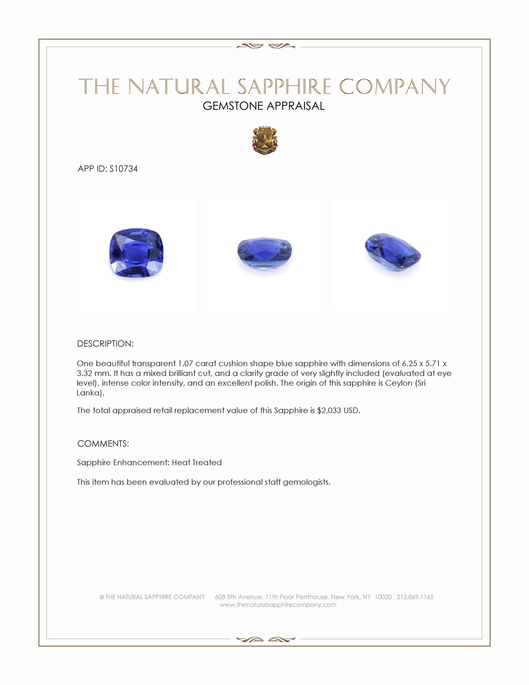 1.07 Ct. Blue Sapphire from Ceylon (Sri Lanka)
