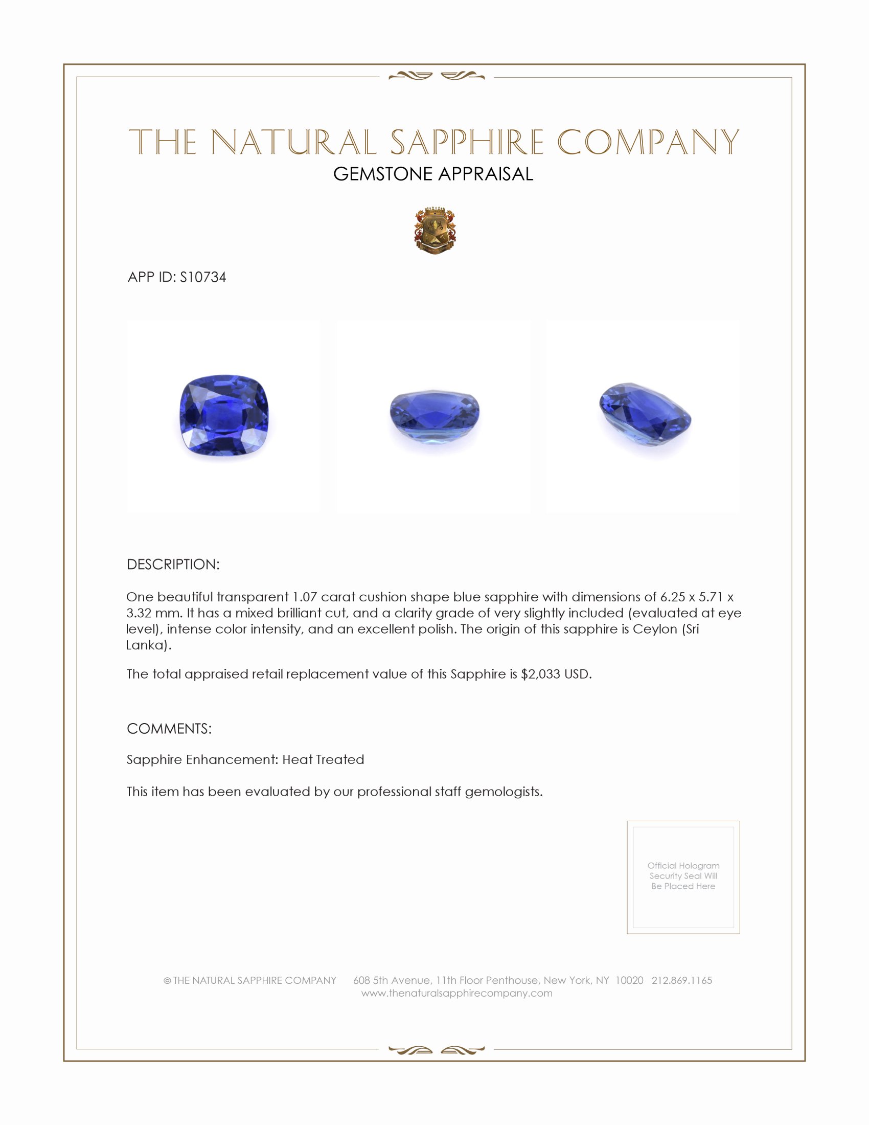 1.07 Ct. Blue Sapphire from Ceylon (Sri Lanka)