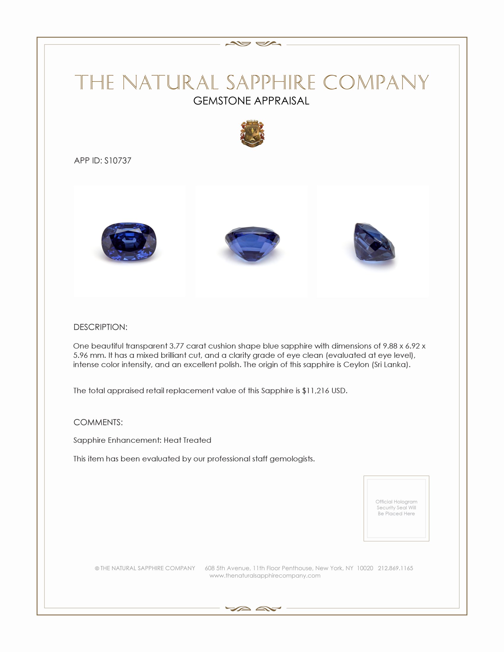 3.77 Ct. Blue Sapphire from Ceylon (Sri Lanka)