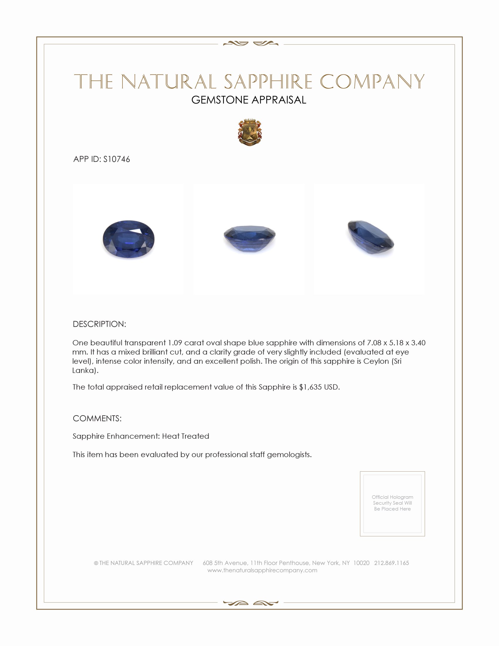 1.09 Ct. Blue Sapphire from Ceylon (Sri Lanka)