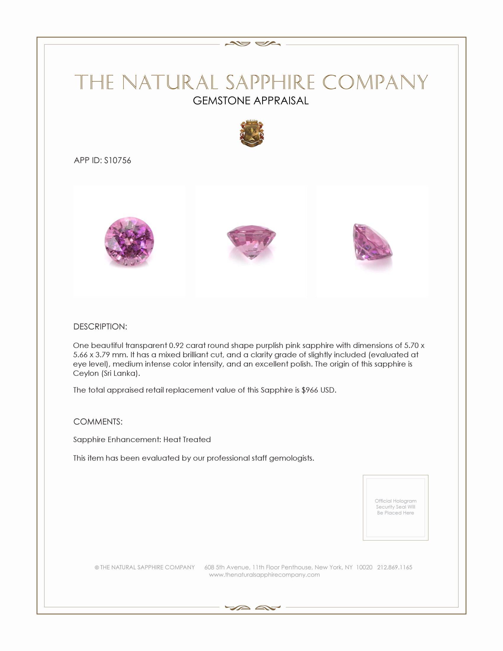 0.92 Ct. Purplish Pink Sapphire from Ceylon (Sri Lanka)