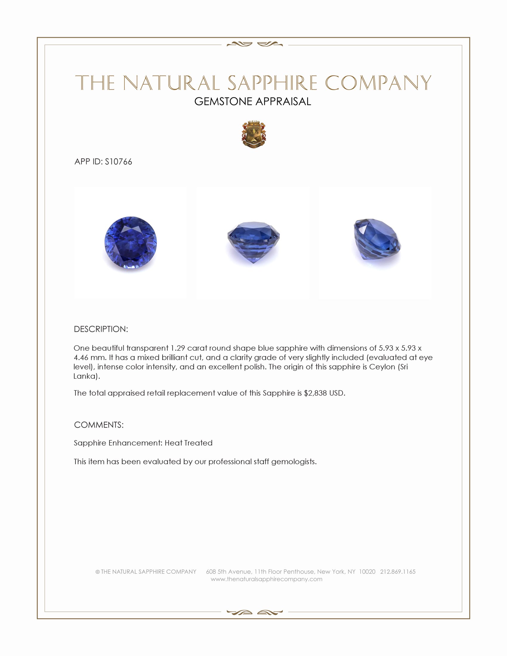 1.29 Ct. Blue Sapphire from Ceylon (Sri Lanka)