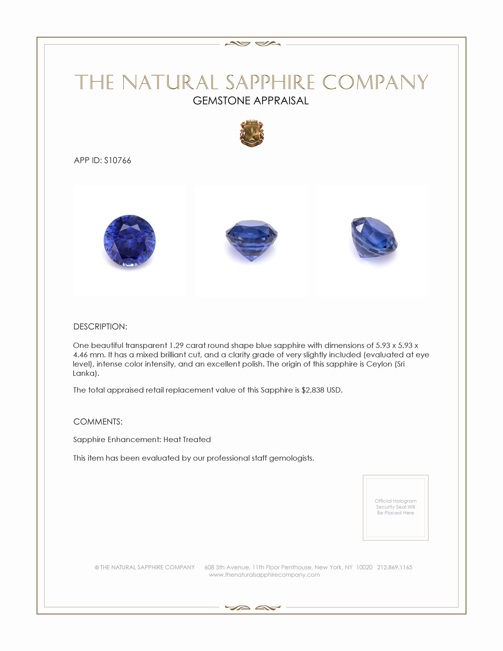 1.29 Ct. Blue Sapphire from Ceylon (Sri Lanka)