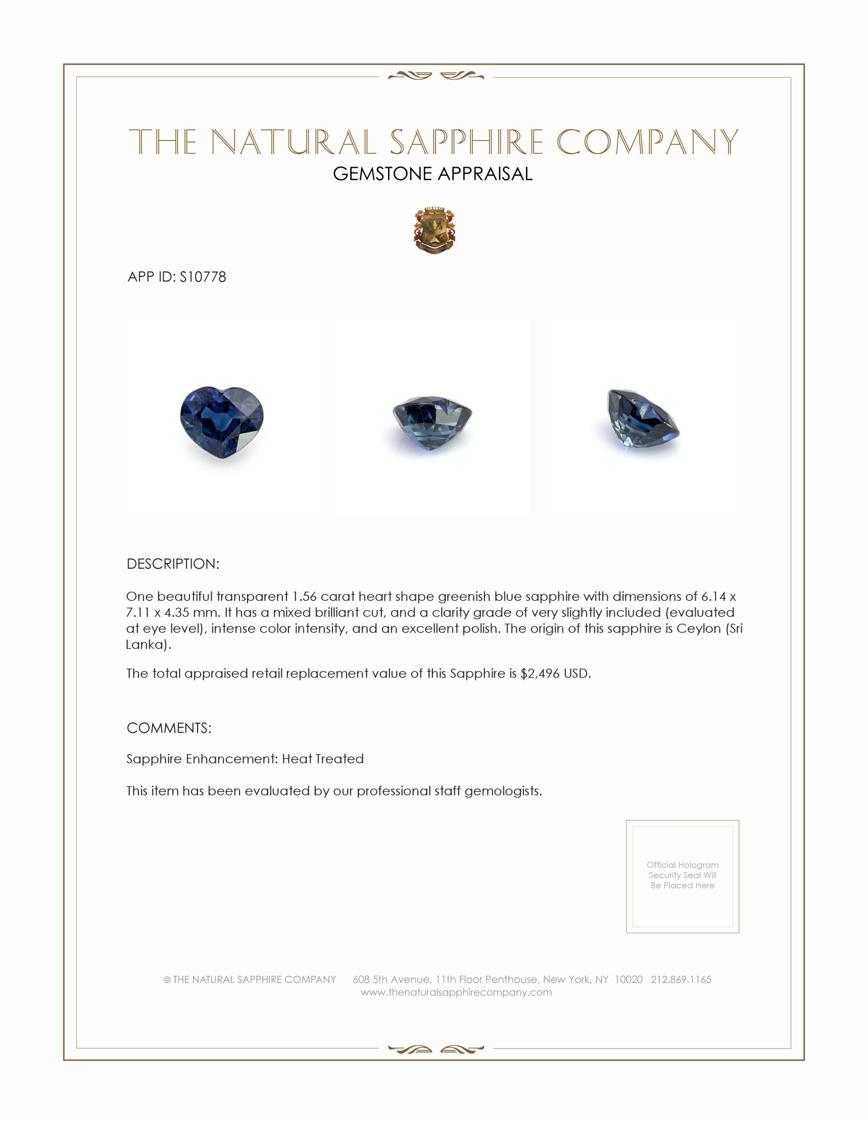 1.56 Ct. Greenish Blue Sapphire from Ceylon (Sri Lanka)