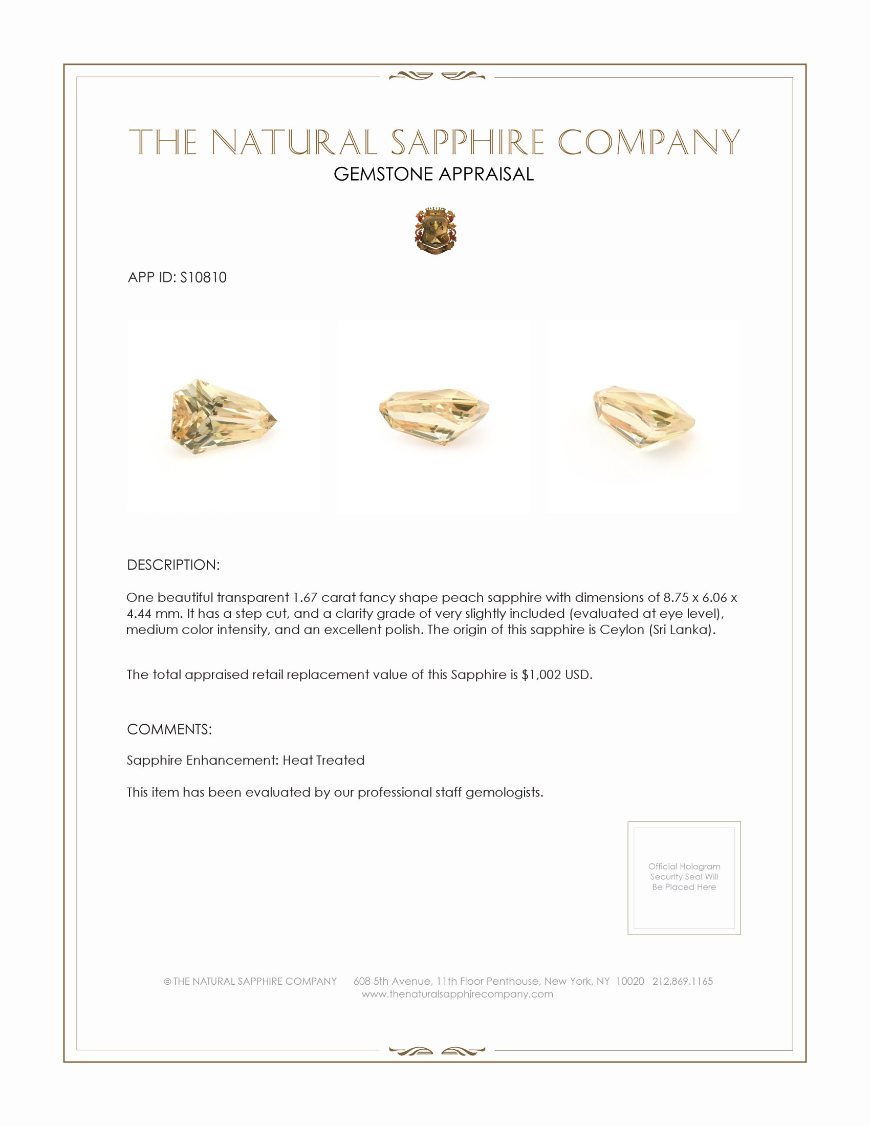 1.67 Ct. Peach Sapphire from Ceylon (Sri Lanka)