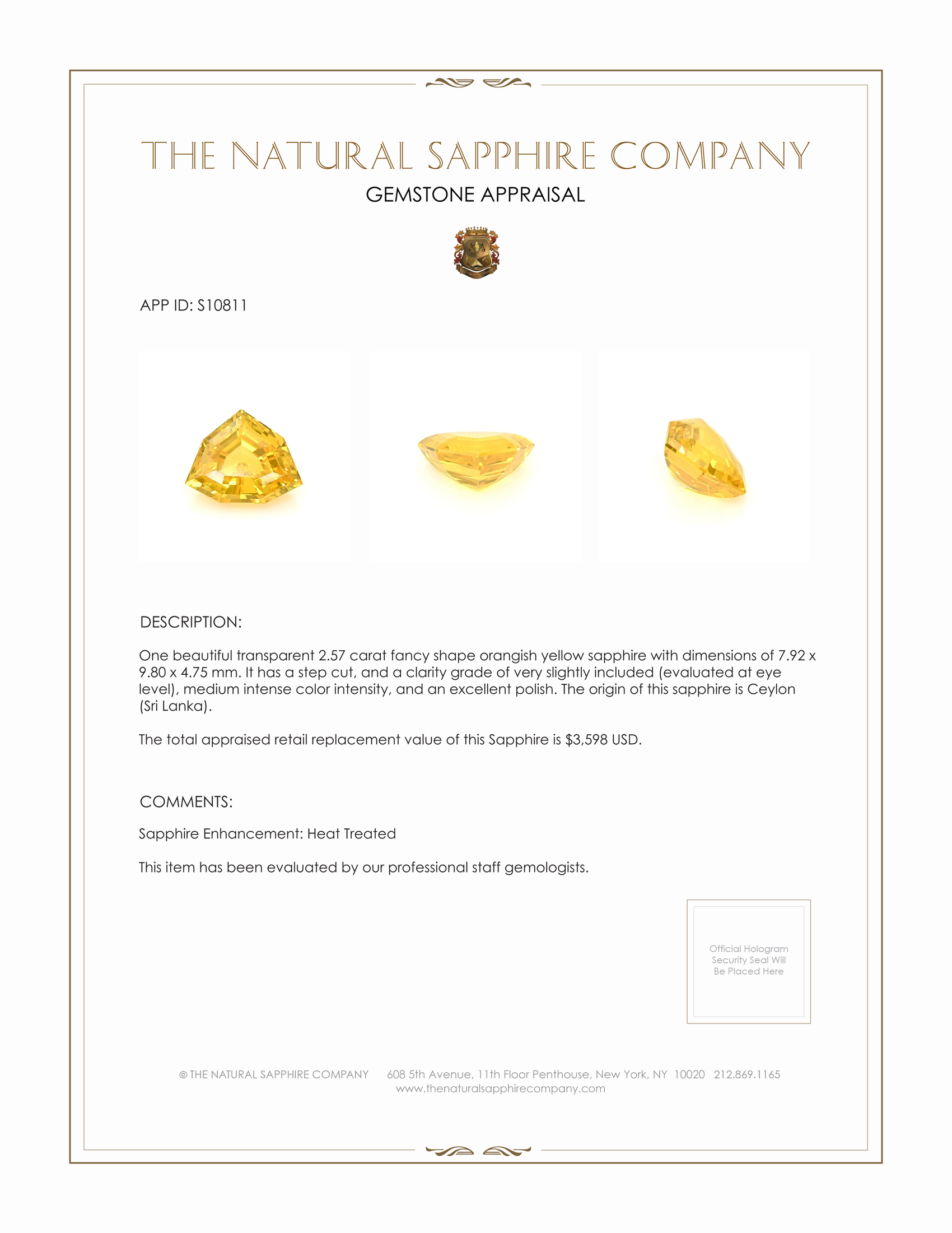 2.57 Ct. Yellow Sapphire from Ceylon (Sri Lanka)