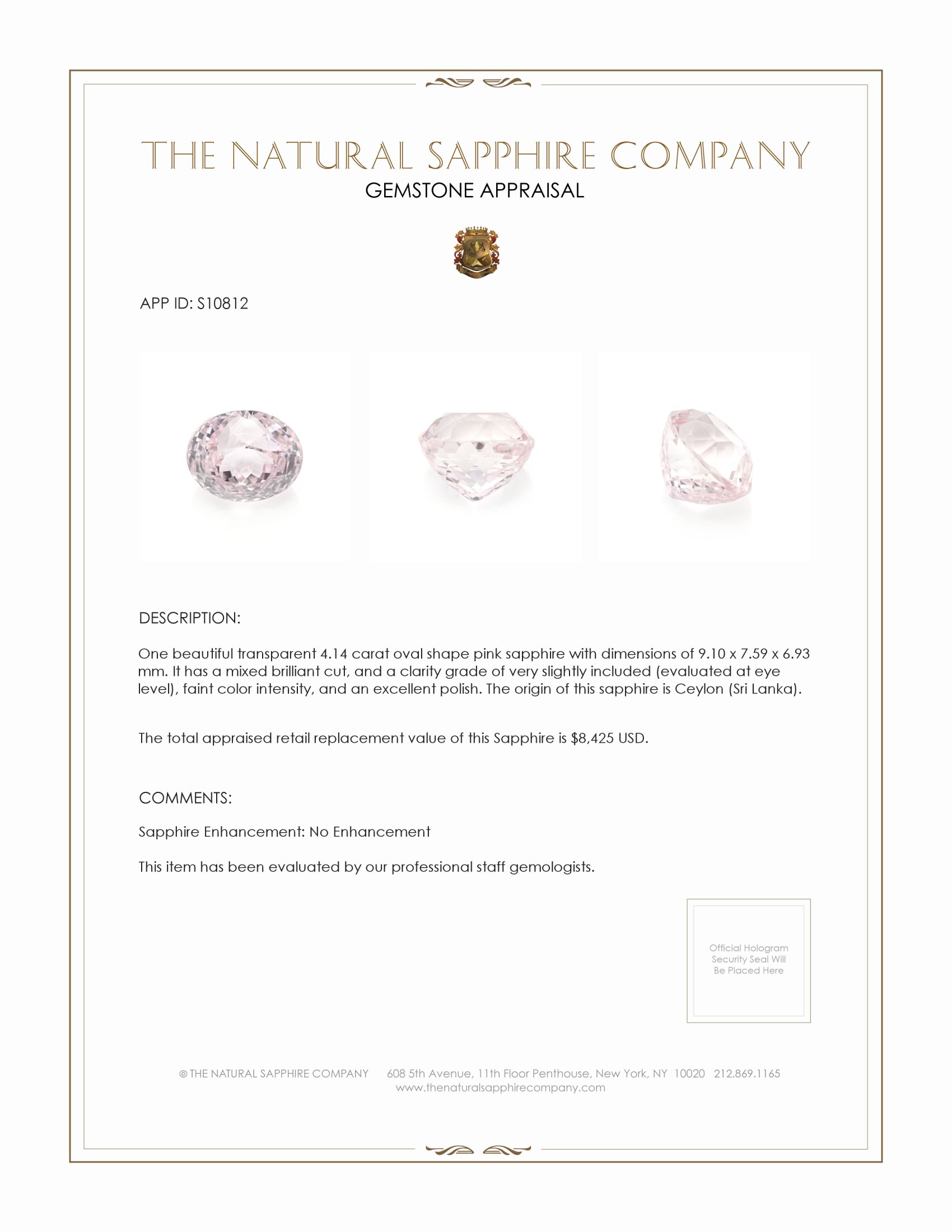 4.14 Ct. Pink Sapphire from Ceylon (Sri Lanka)