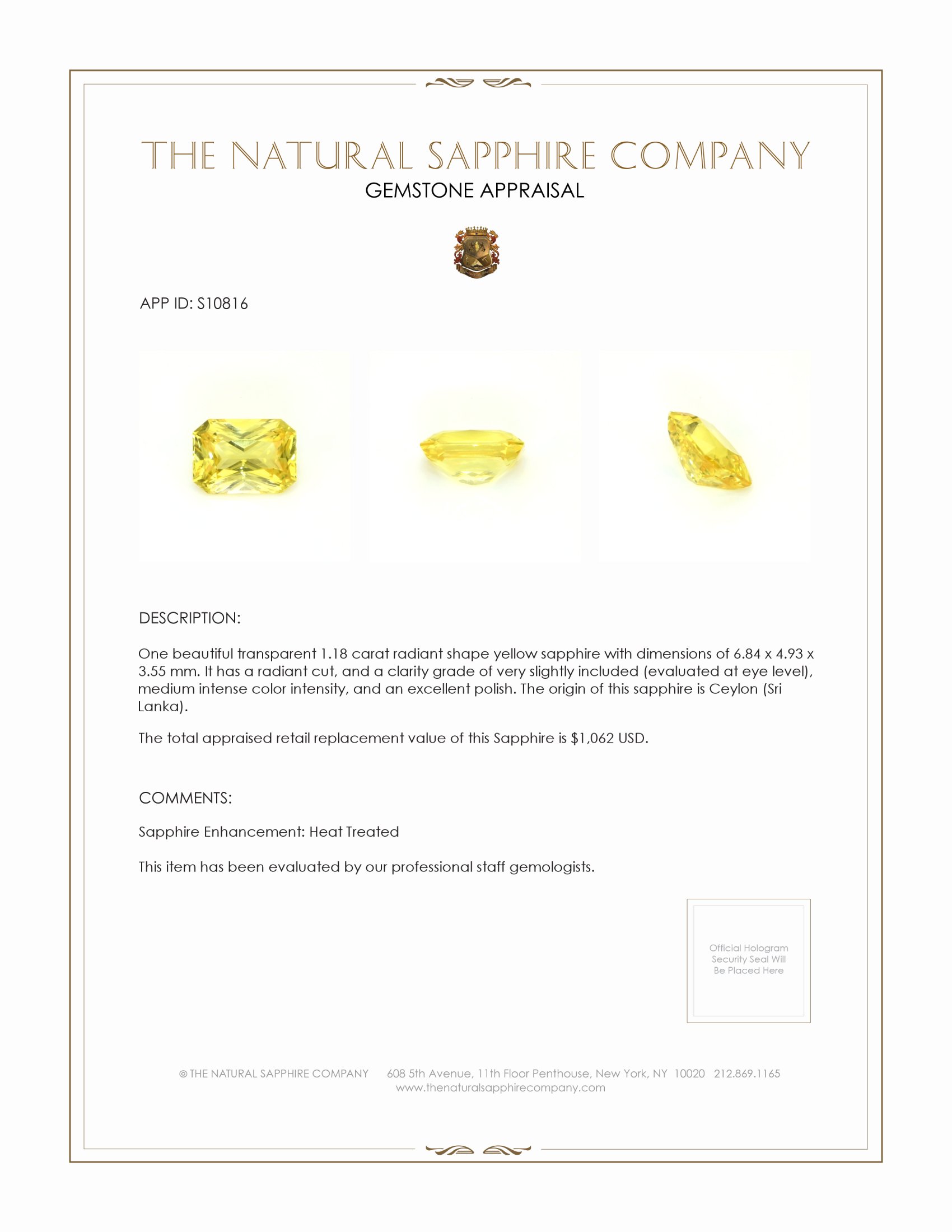 1.18 Ct. Yellow Sapphire from Ceylon (Sri Lanka)