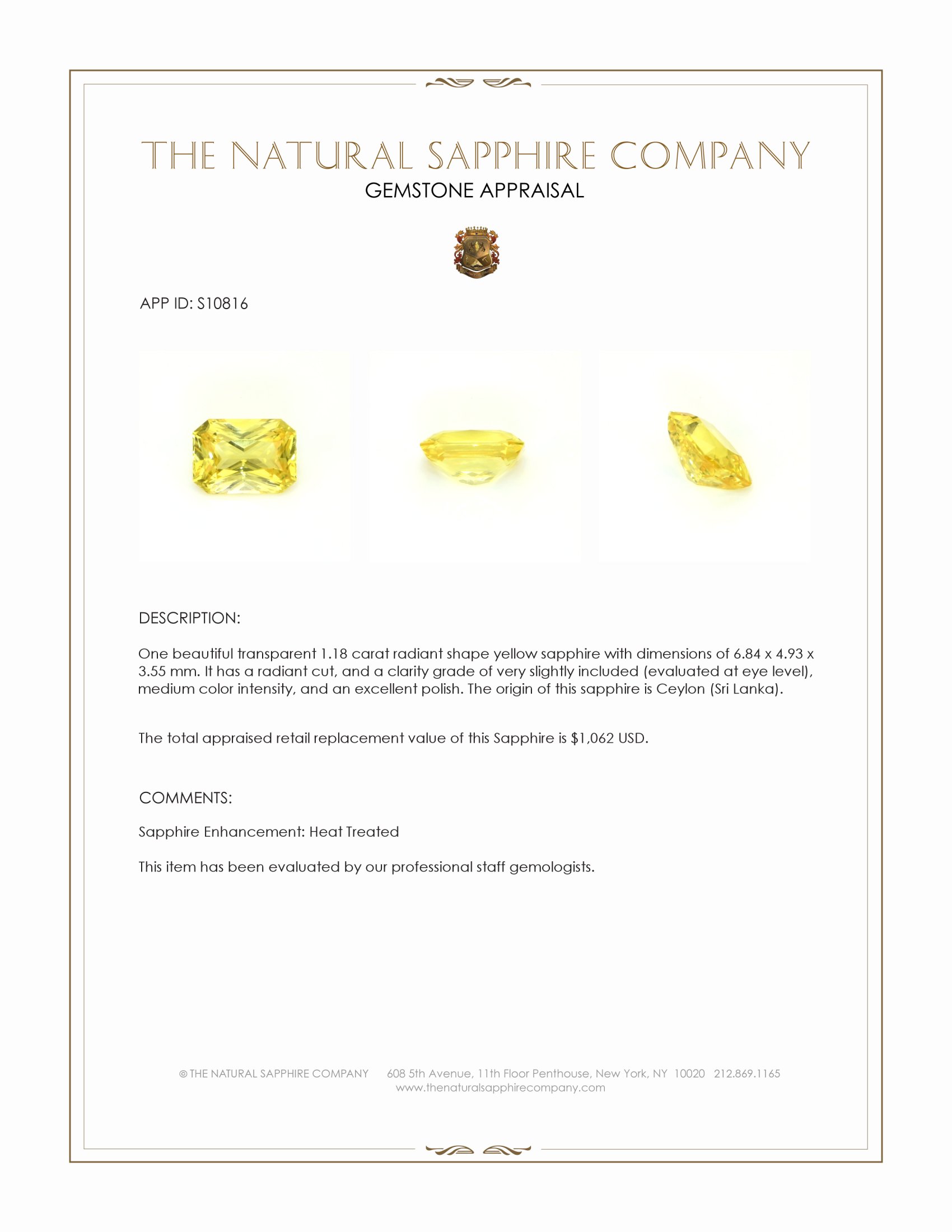 1.18 Ct. Yellow Sapphire from Ceylon (Sri Lanka)