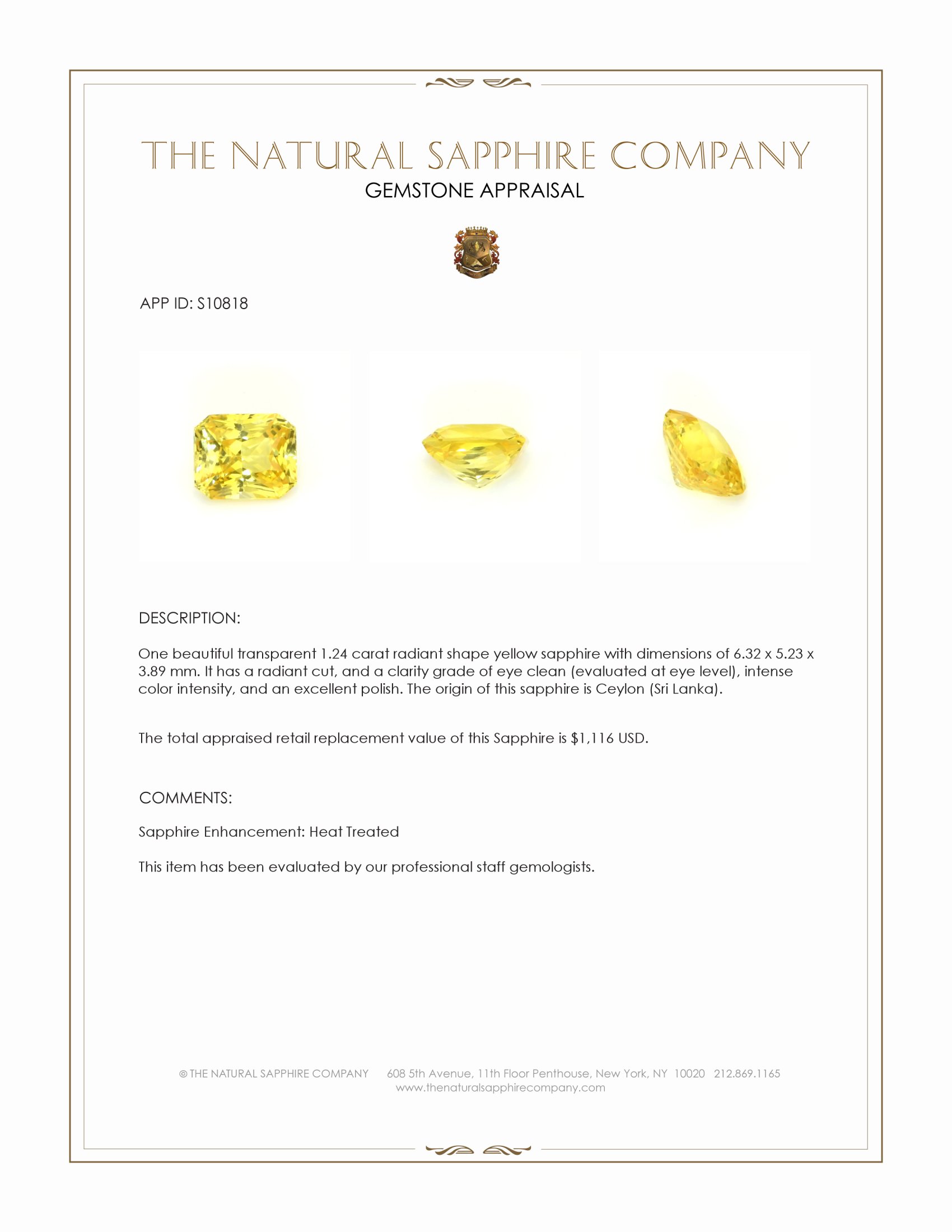 1.24 Ct. Yellow Sapphire from Ceylon (Sri Lanka)