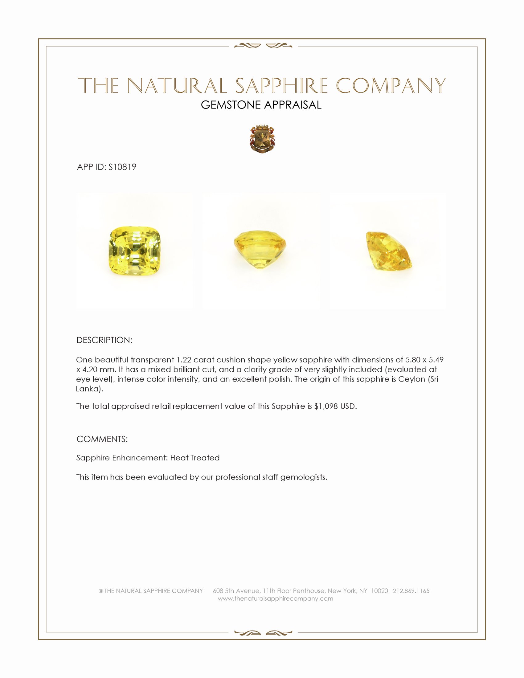 1.22 Ct. Yellow Sapphire from Ceylon (Sri Lanka)