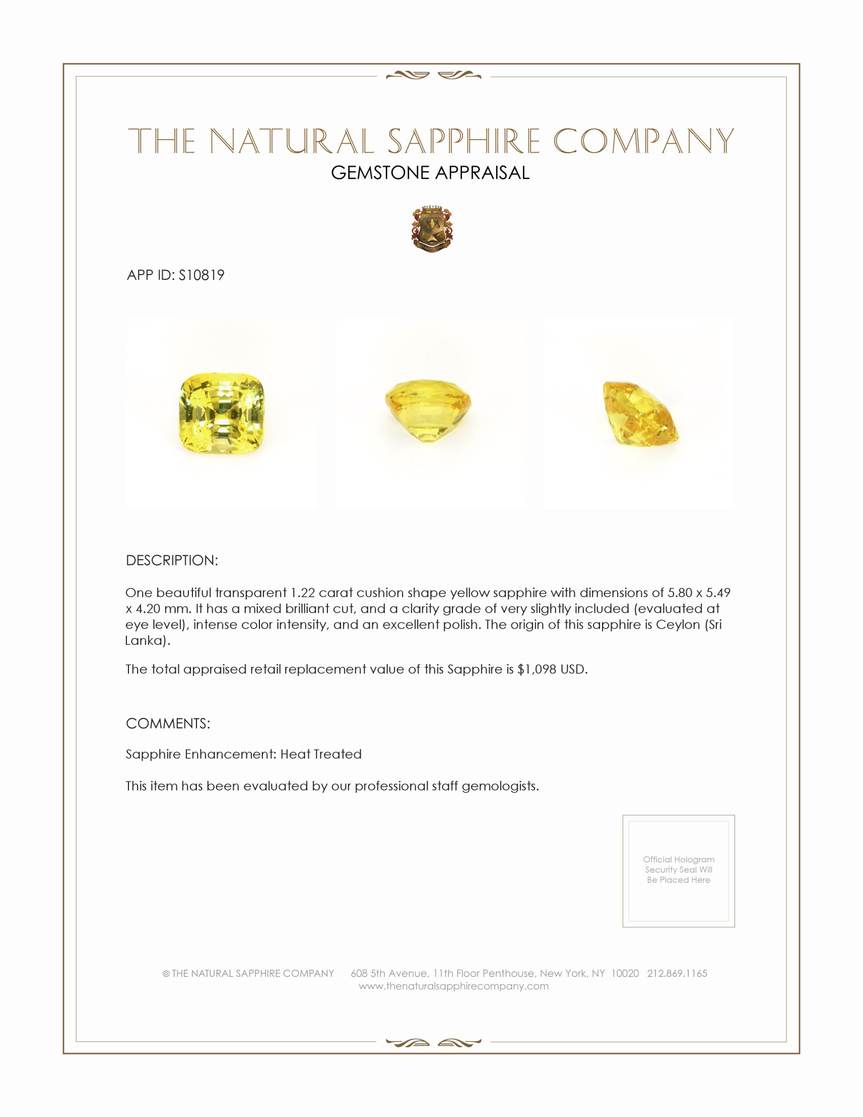 1.22 Ct. Yellow Sapphire from Ceylon (Sri Lanka)