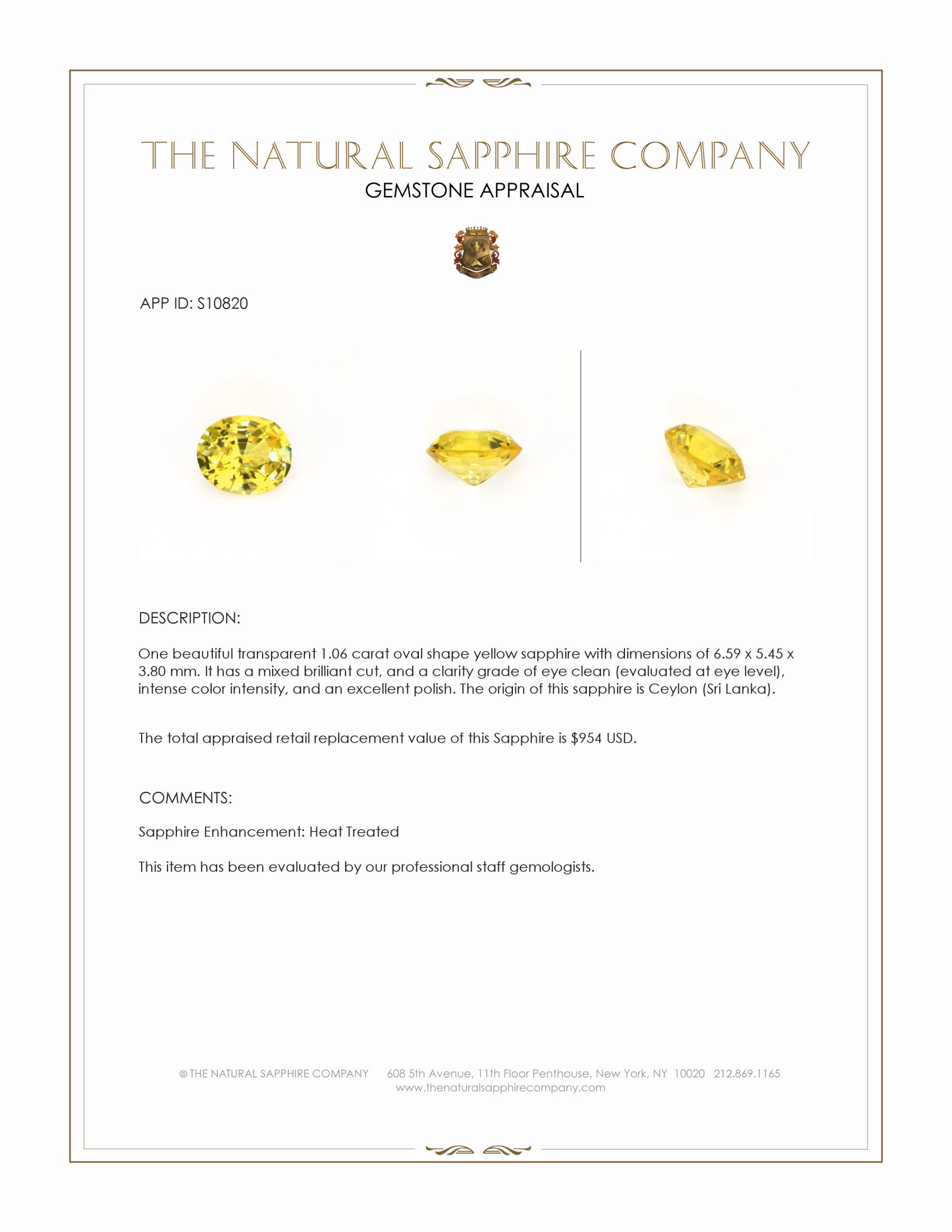 1.06 Ct. Yellow Sapphire from Ceylon (Sri Lanka)