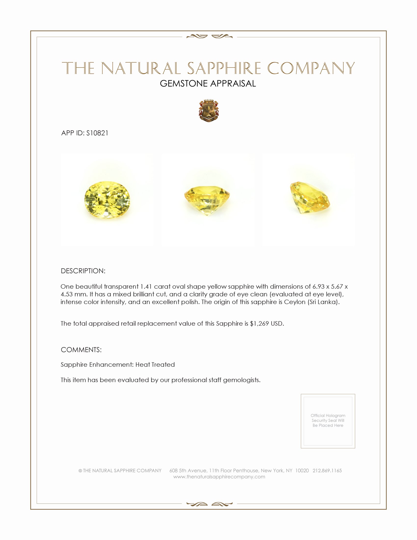 1.41 Ct. Yellow Sapphire from Ceylon (Sri Lanka)