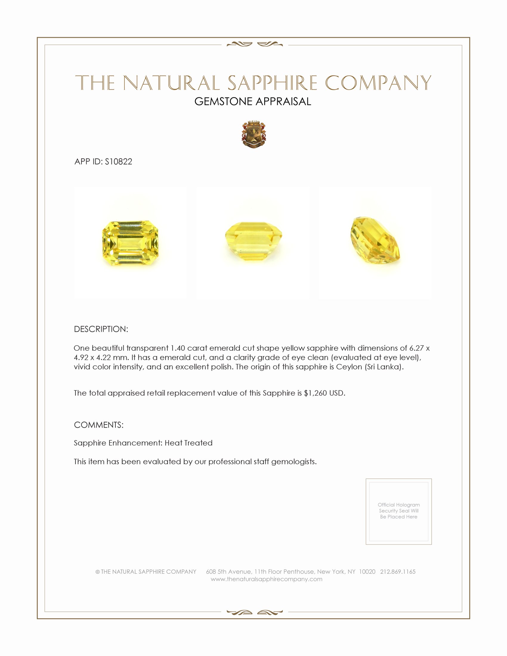 1.40 Ct. Yellow Sapphire from Ceylon (Sri Lanka)