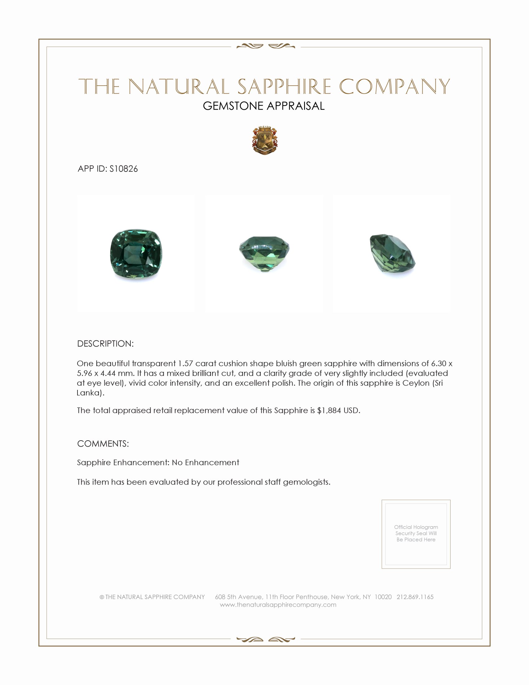 1.57 Ct. Bluish Green Sapphire from Ceylon (Sri Lanka)