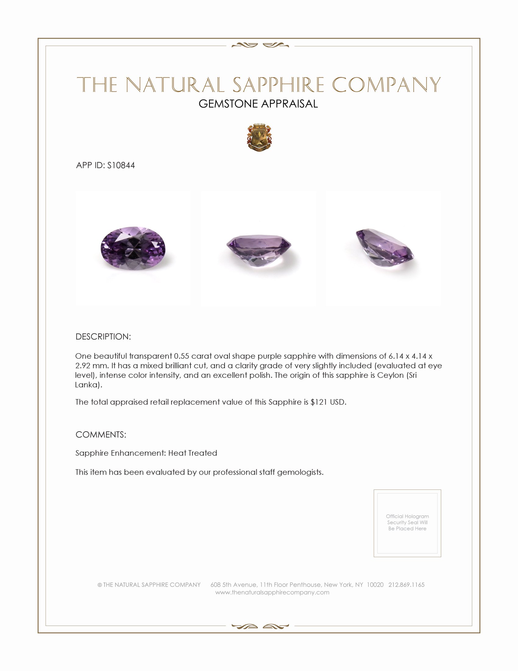 0.55 Ct. Purple Sapphire from Ceylon (Sri Lanka)