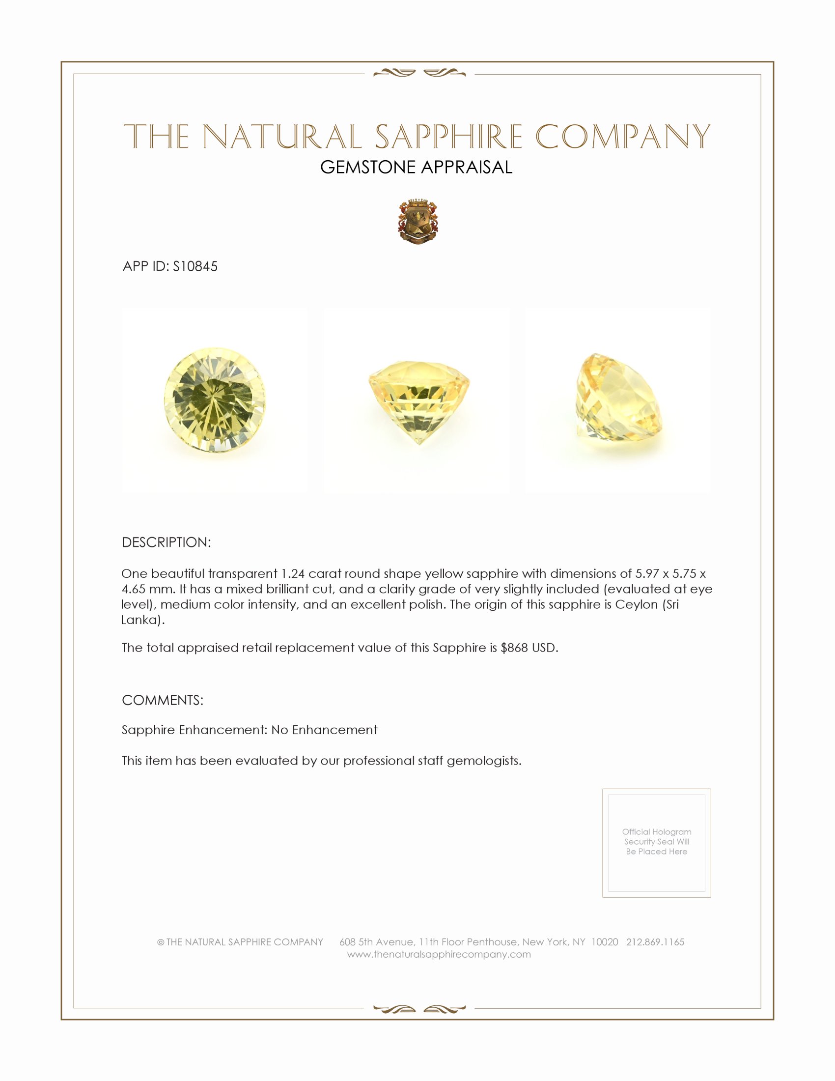 1.24 Ct. Yellow Sapphire from Ceylon (Sri Lanka)