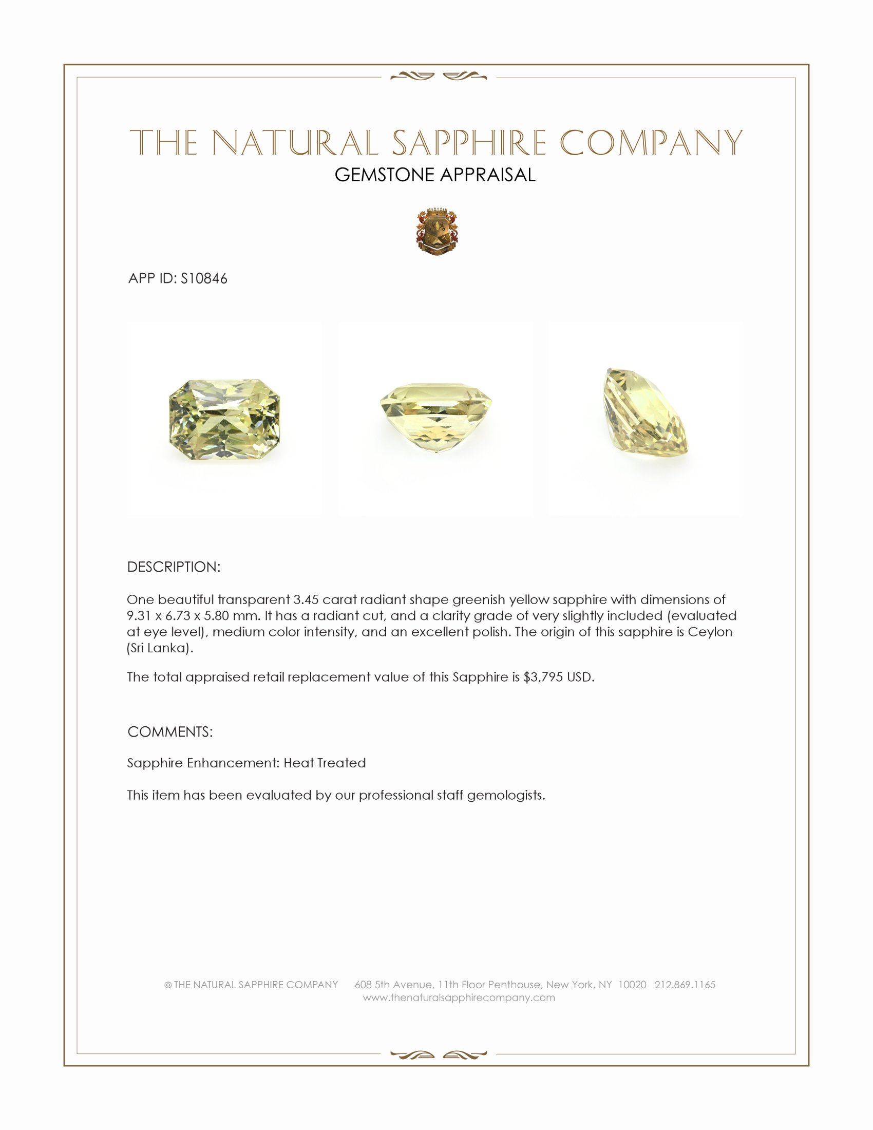 3.45 Ct. Greenish Yellow Sapphire from Ceylon (Sri Lanka)
