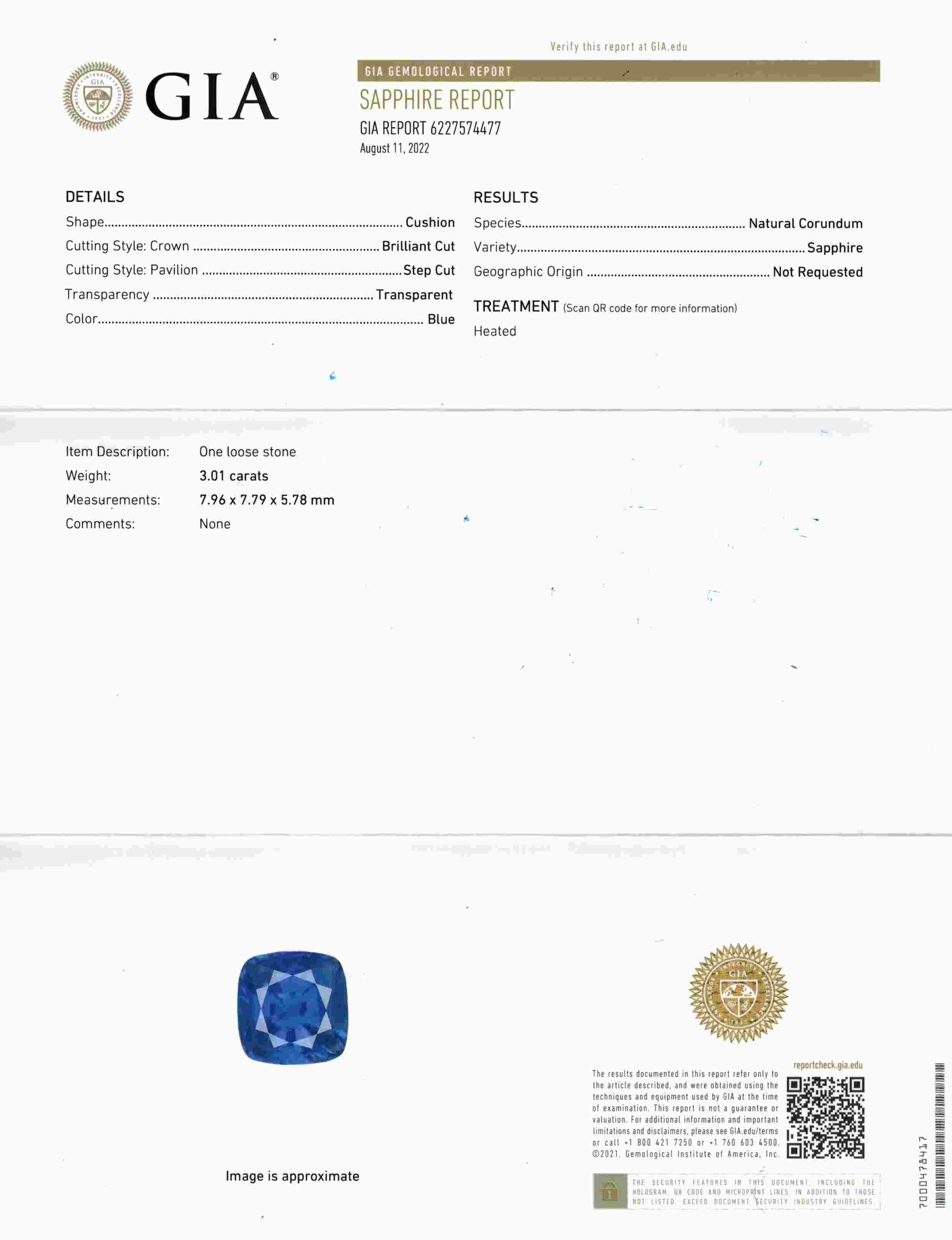 3.01 Ct. Blue Sapphire from Ceylon (Sri Lanka)