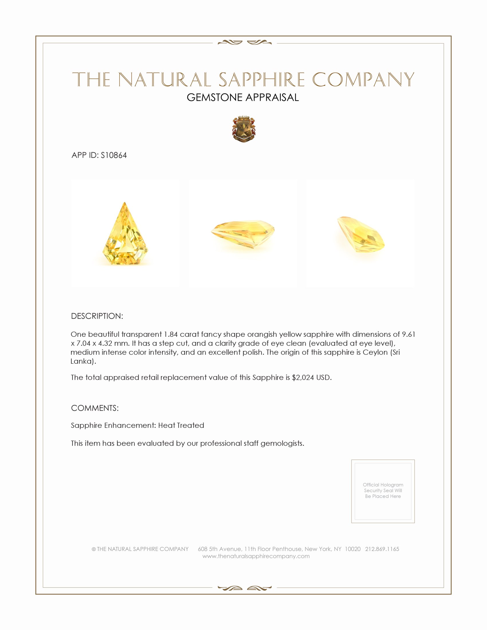 1.84 Ct. Orangish Yellow Sapphire from Ceylon (Sri Lanka)