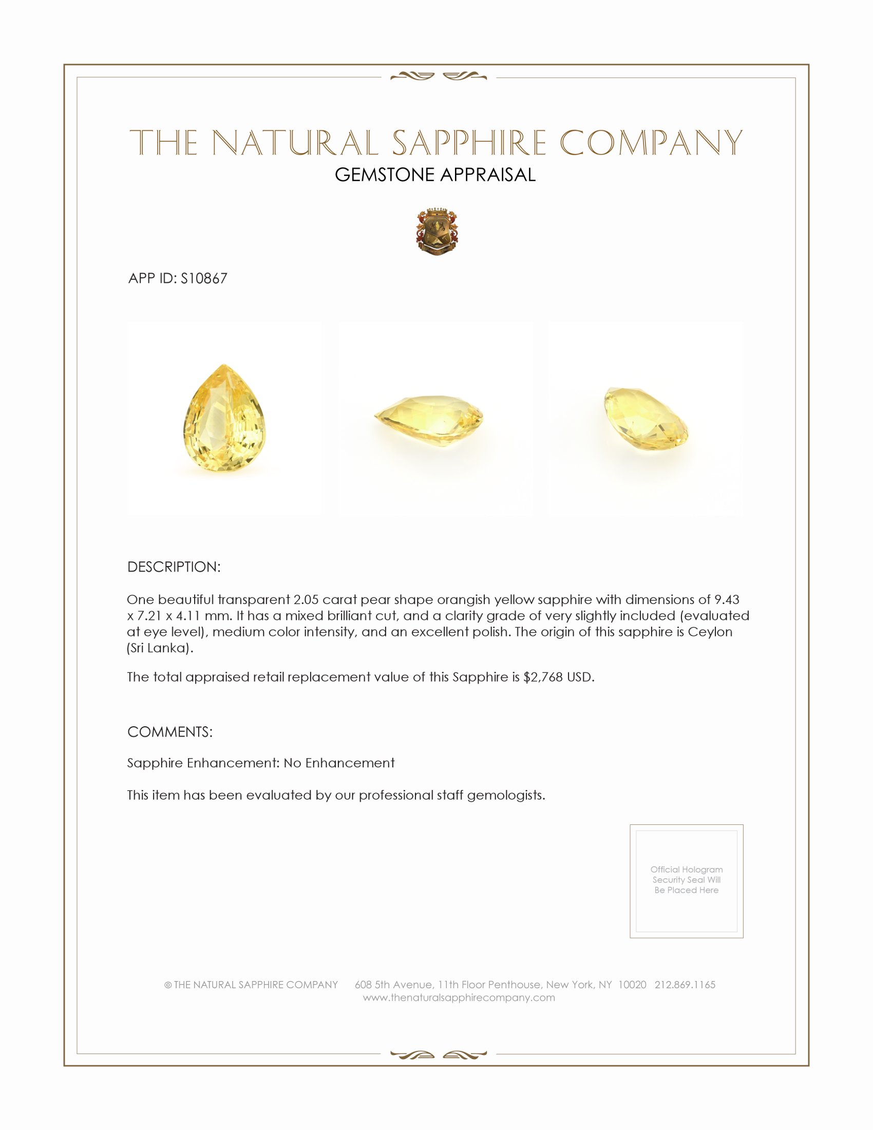 2.05 Ct. Yellow Sapphire from Ceylon (Sri Lanka)