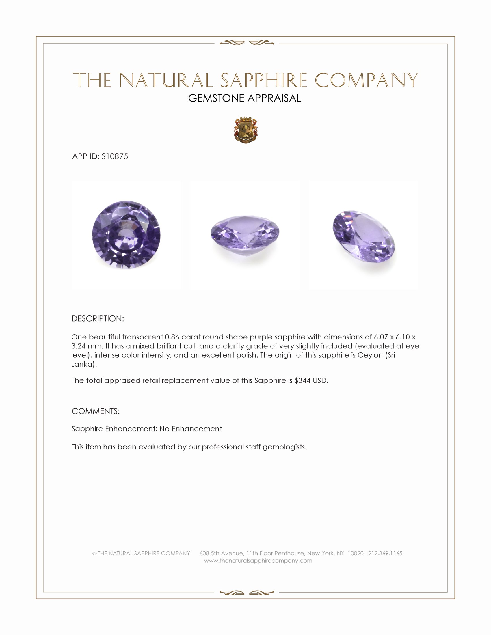 0.86 Ct. Purple Sapphire from Ceylon (Sri Lanka)