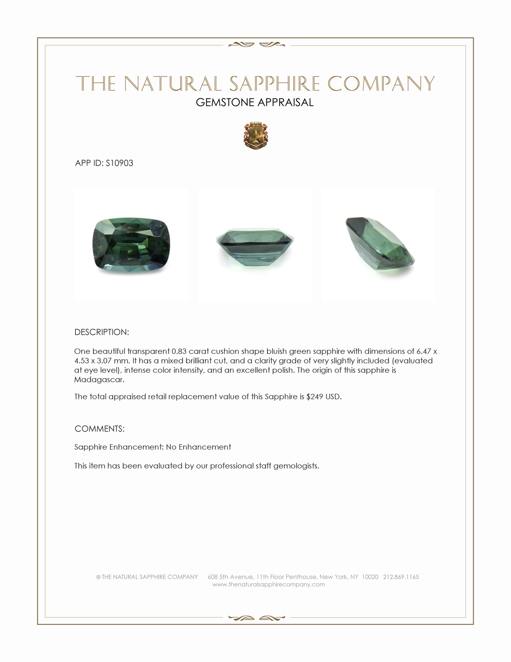0.83 Ct. Bluish Green Sapphire from Madagascar
