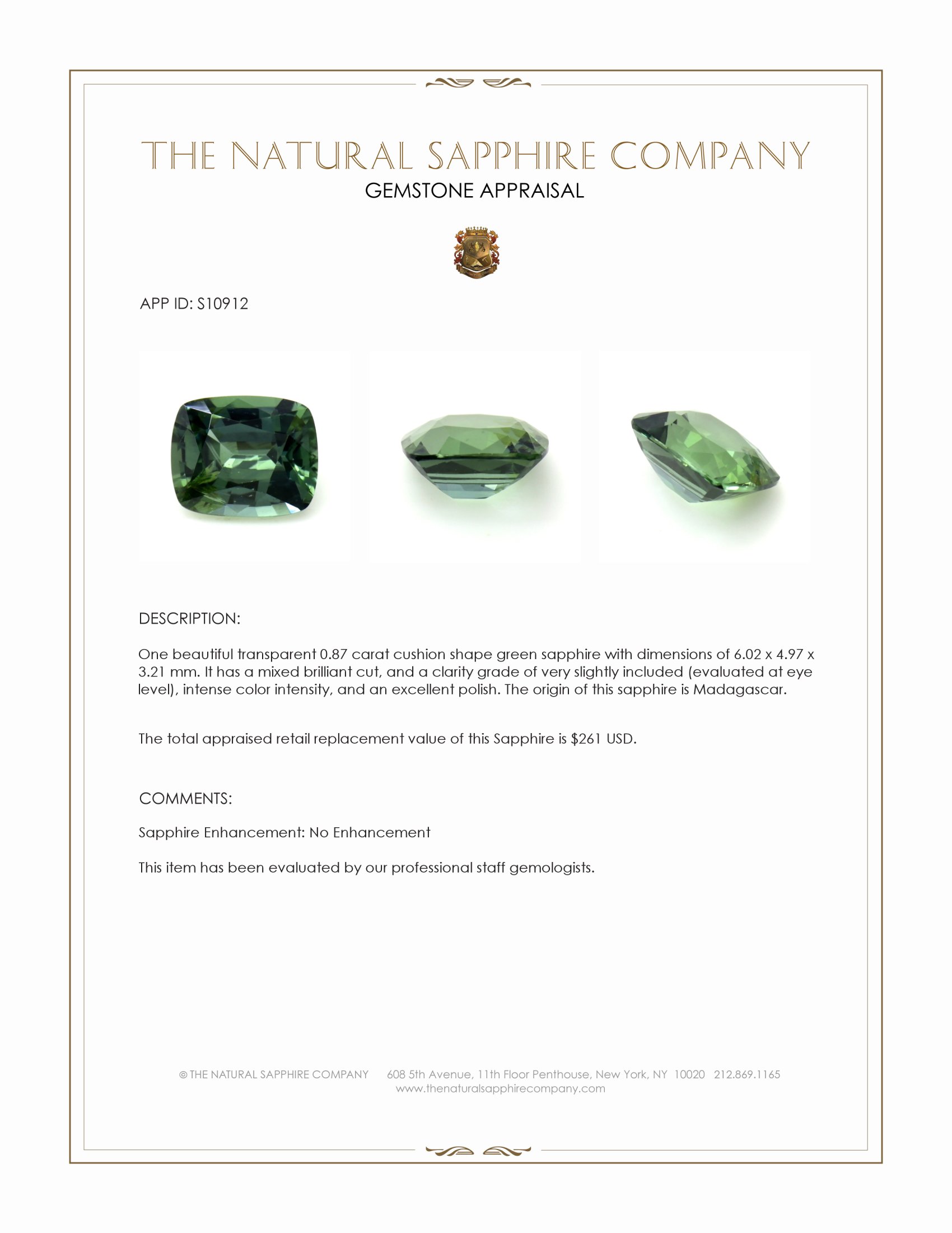 0.87 Ct. Green Sapphire from Madagascar