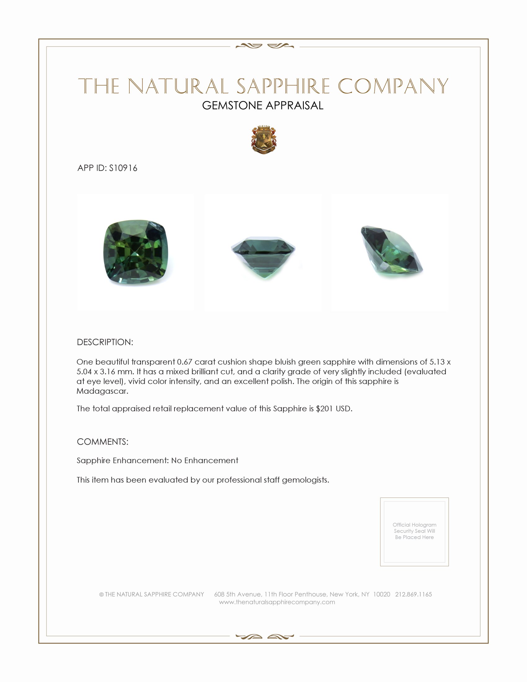 0.67 Ct. Bluish Green Sapphire from Madagascar