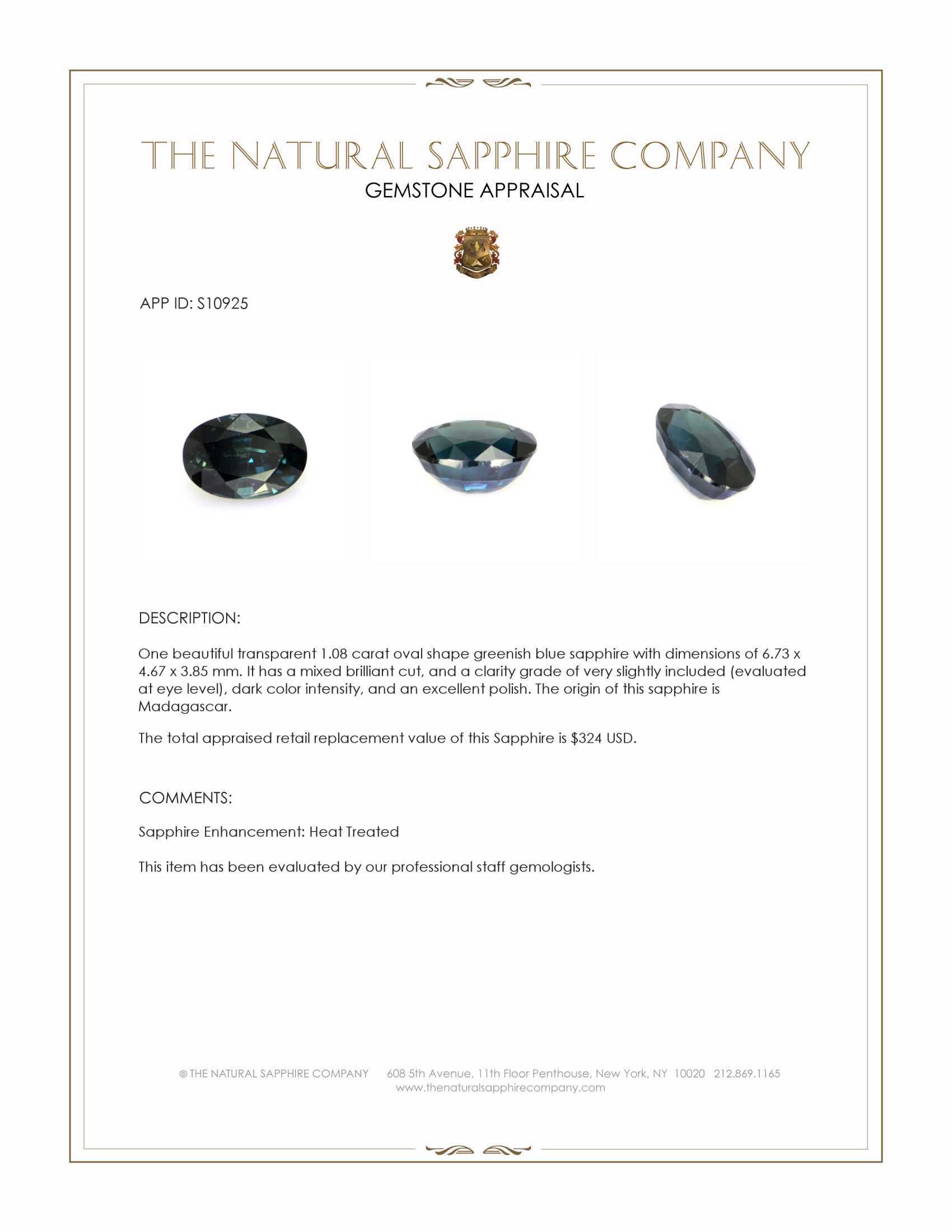 1.08 Ct. Greenish Blue Sapphire from Madagascar