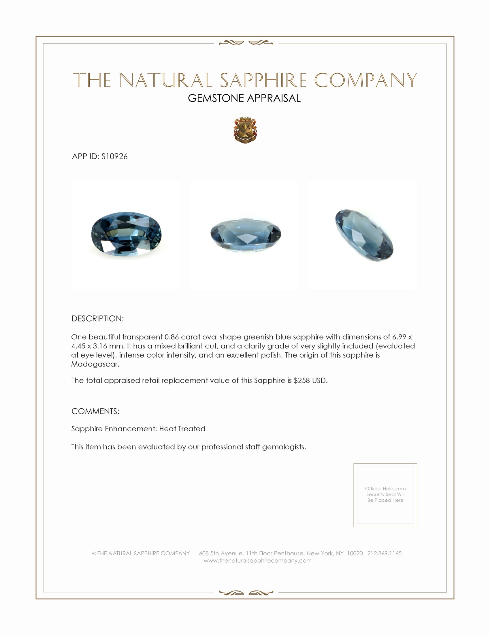0.86 Ct. Greenish Blue Sapphire from Madagascar