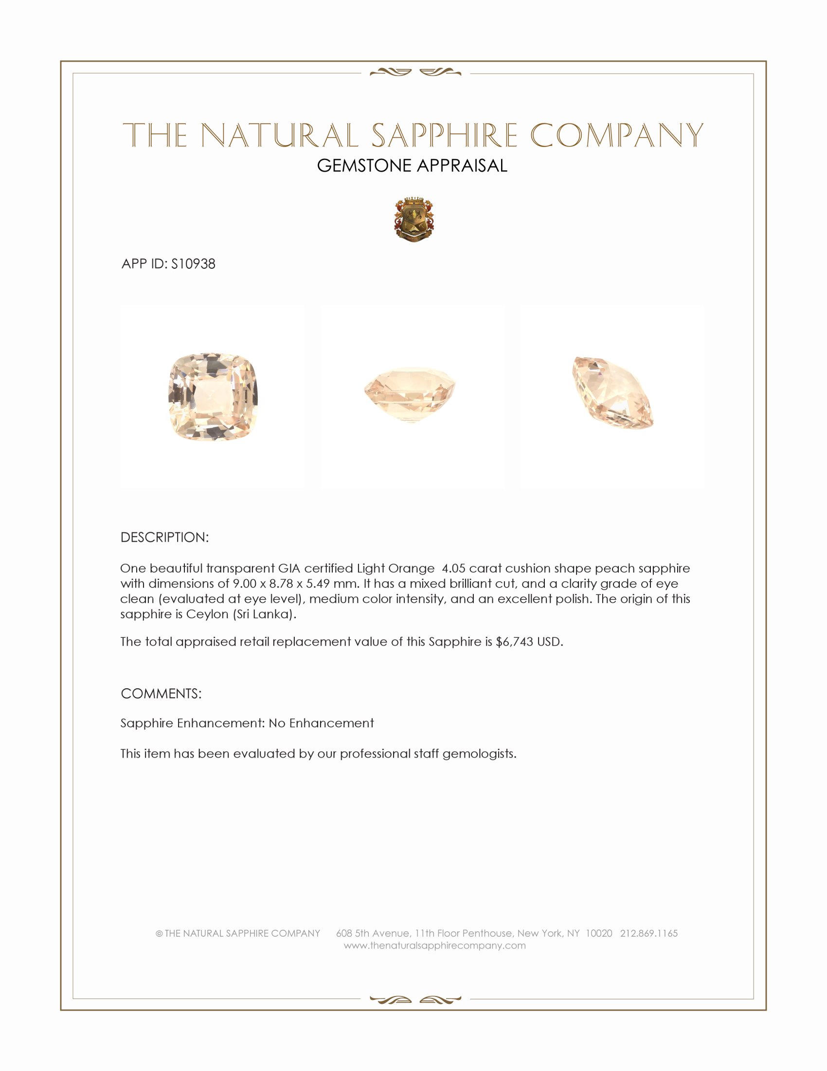 4.05 Ct. Peach Sapphire from Ceylon (Sri Lanka)