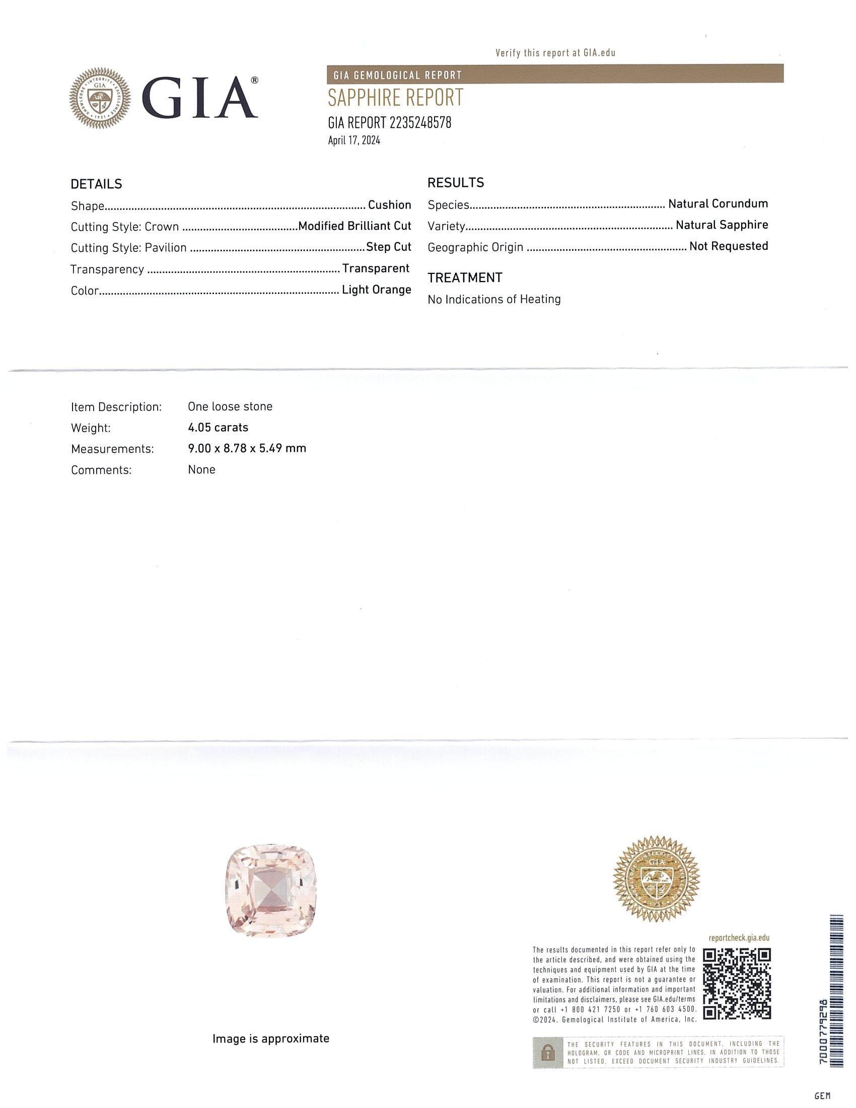 4.05 Ct. Peach Sapphire from Ceylon (Sri Lanka)