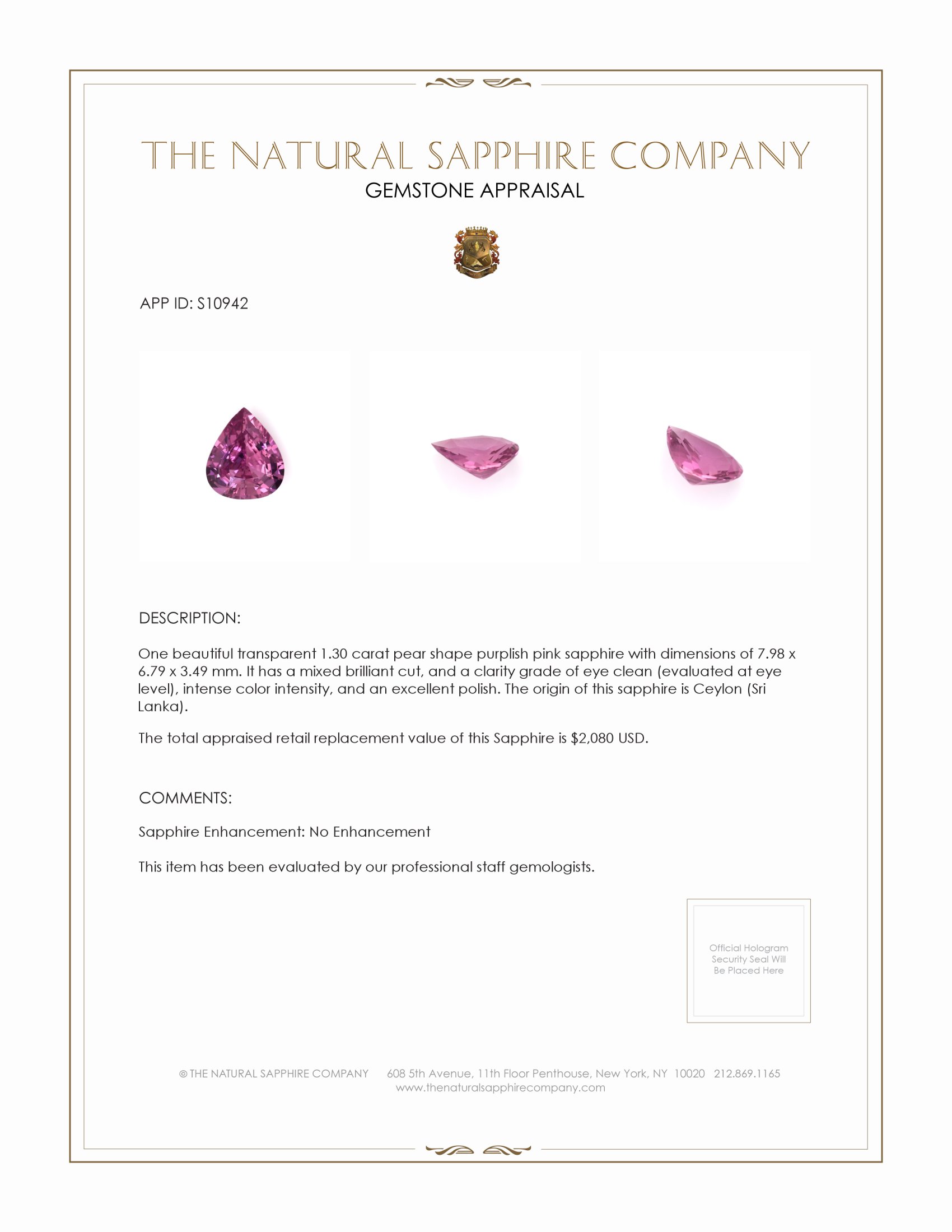 1.30 Ct. Purplish Pink Sapphire from Ceylon (Sri Lanka)
