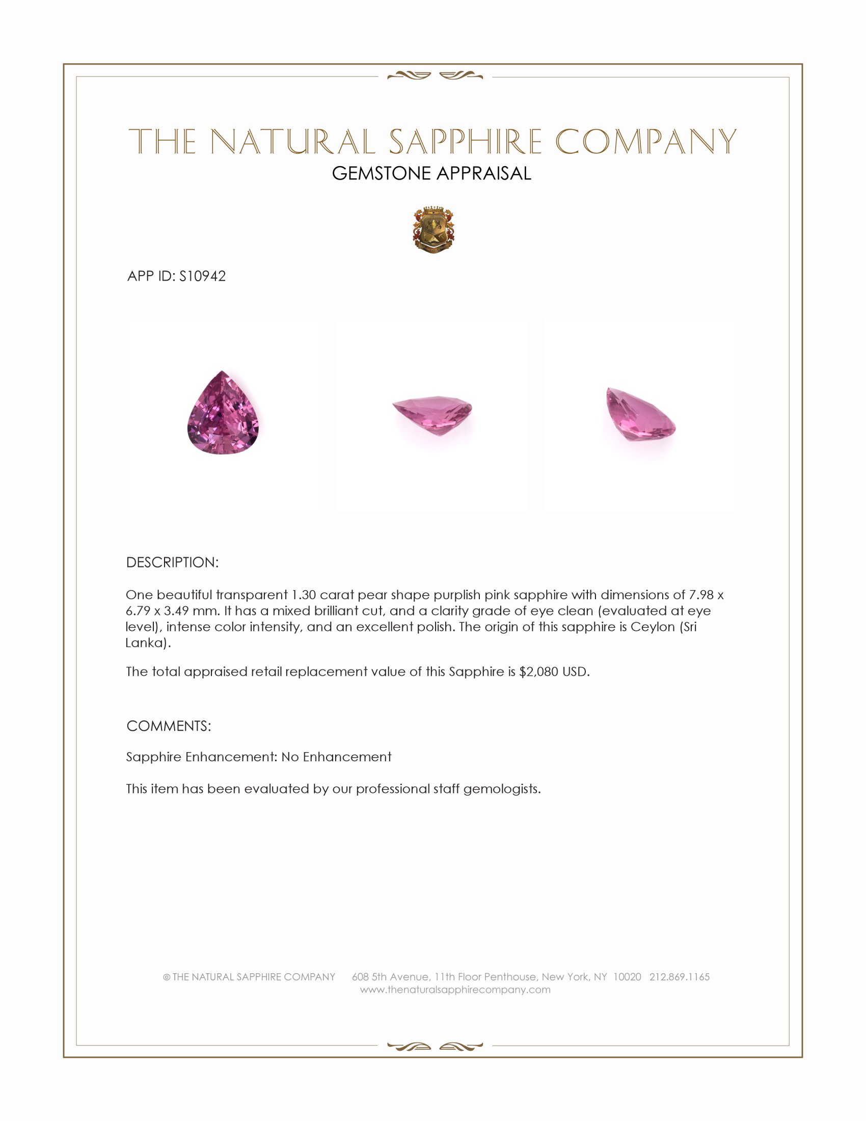 1.30 Ct. Purplish Pink Sapphire from Ceylon (Sri Lanka)