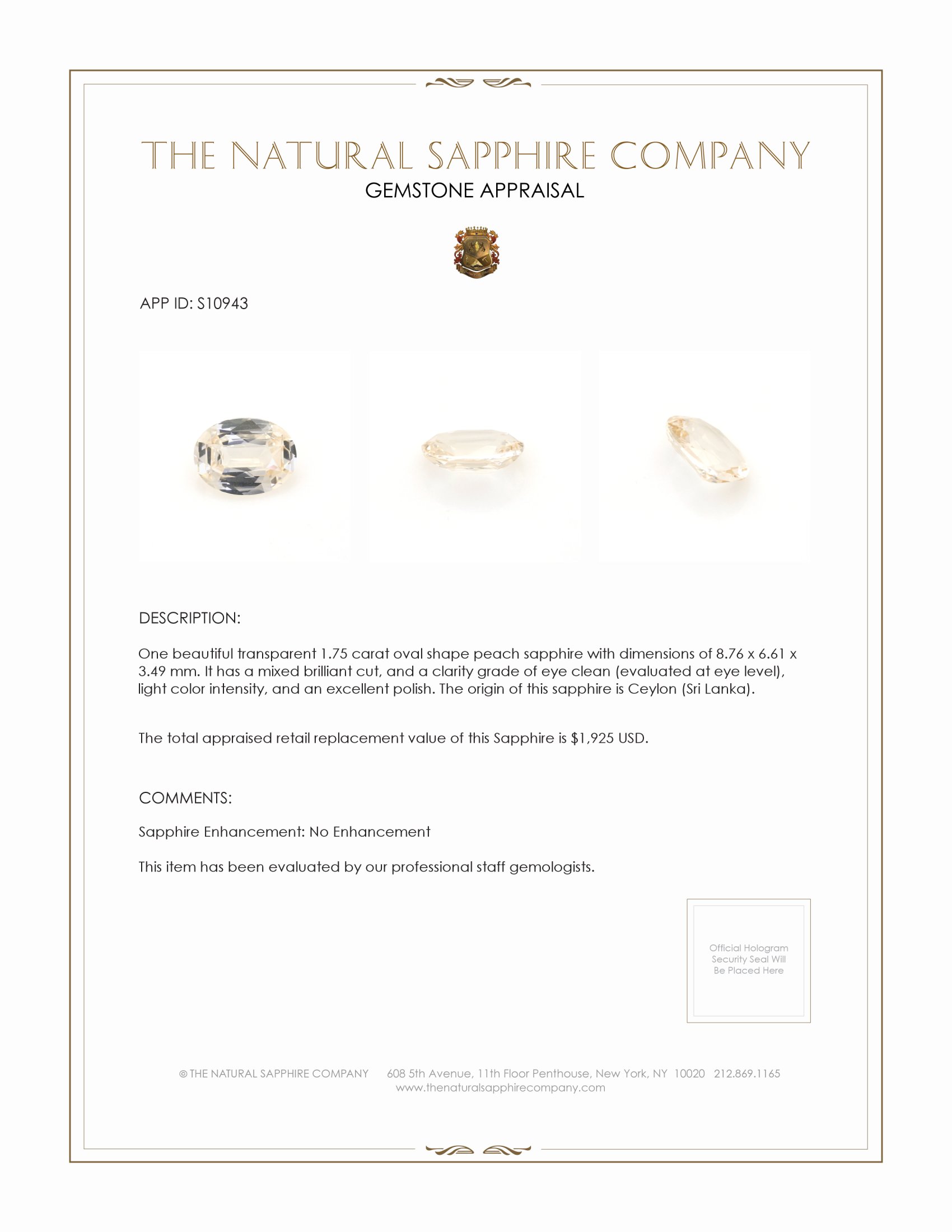 1.75 Ct. Peach Sapphire from Ceylon (Sri Lanka)