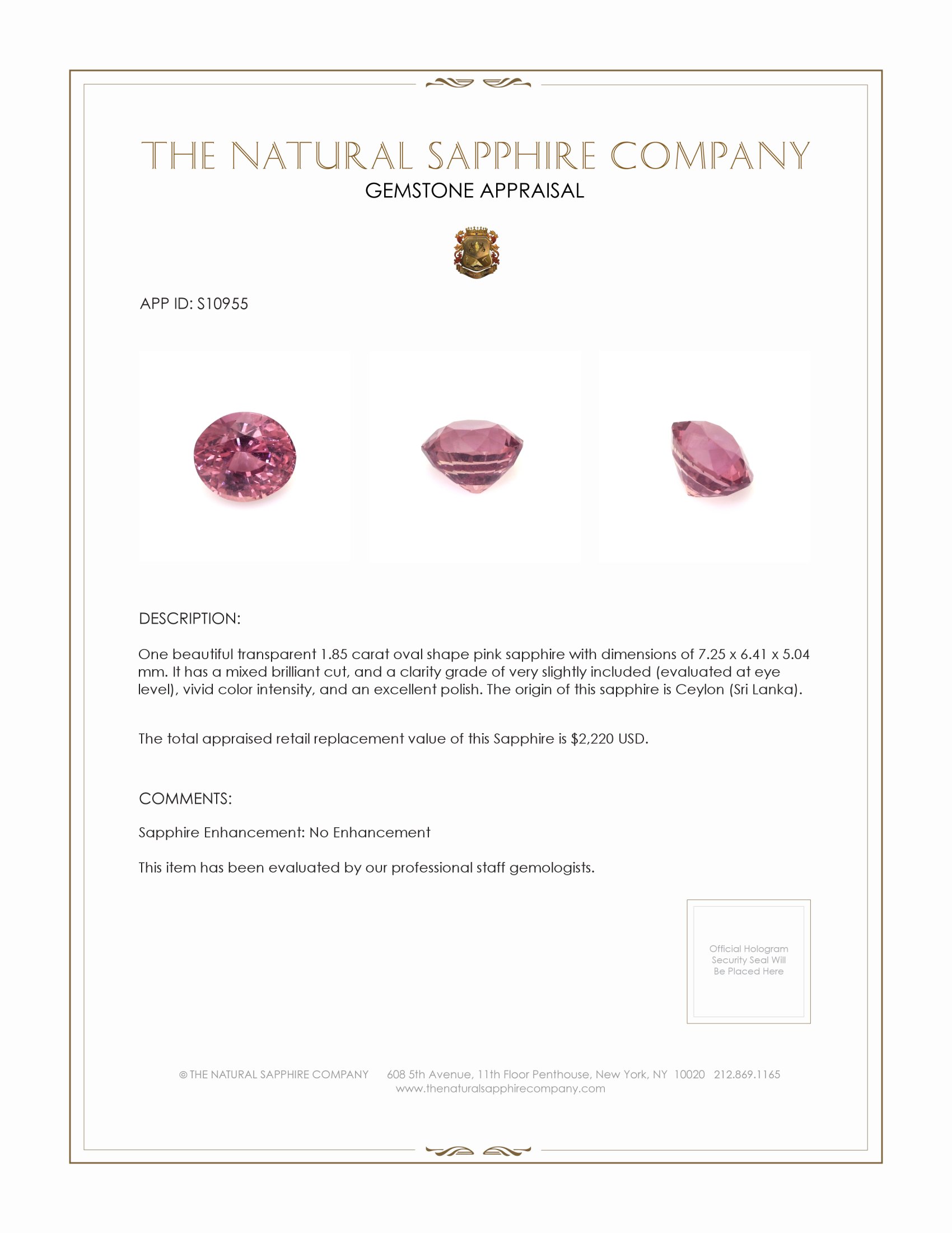 1.85 Ct. Pink Sapphire from Ceylon (Sri Lanka)