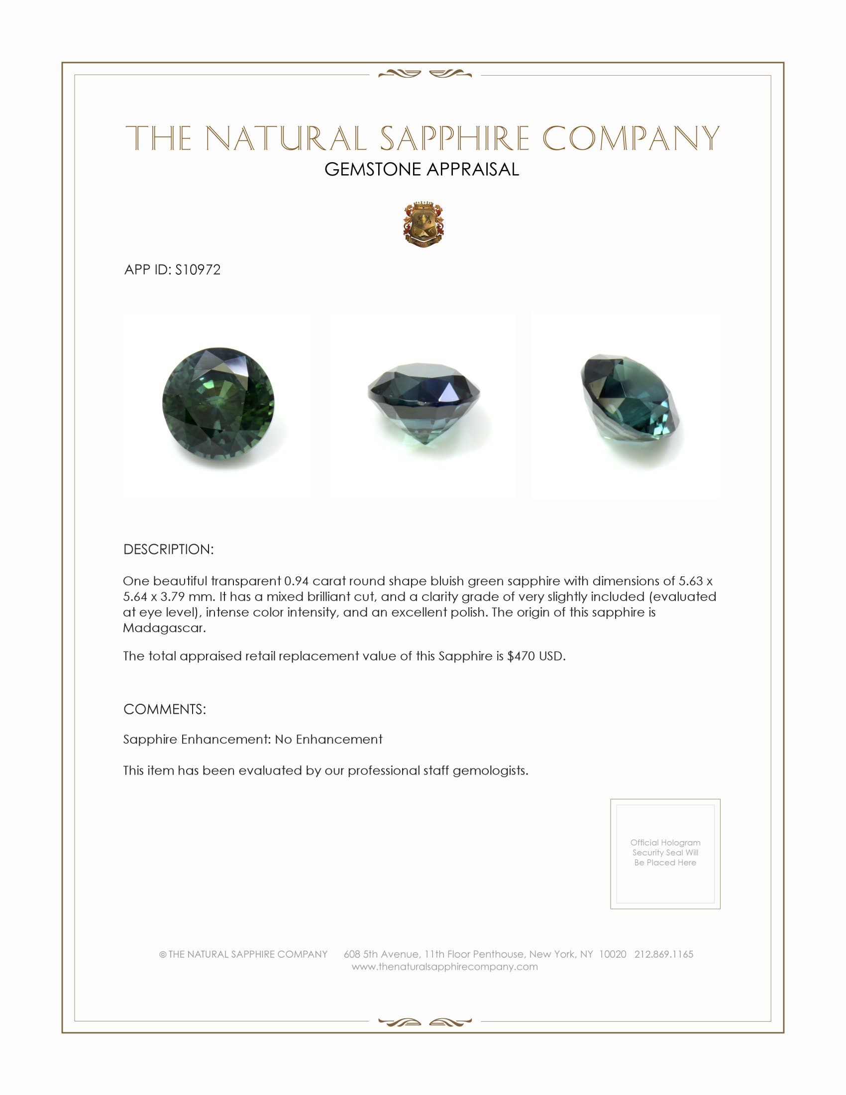 0.94 Ct. Bluish Green Sapphire from Madagascar