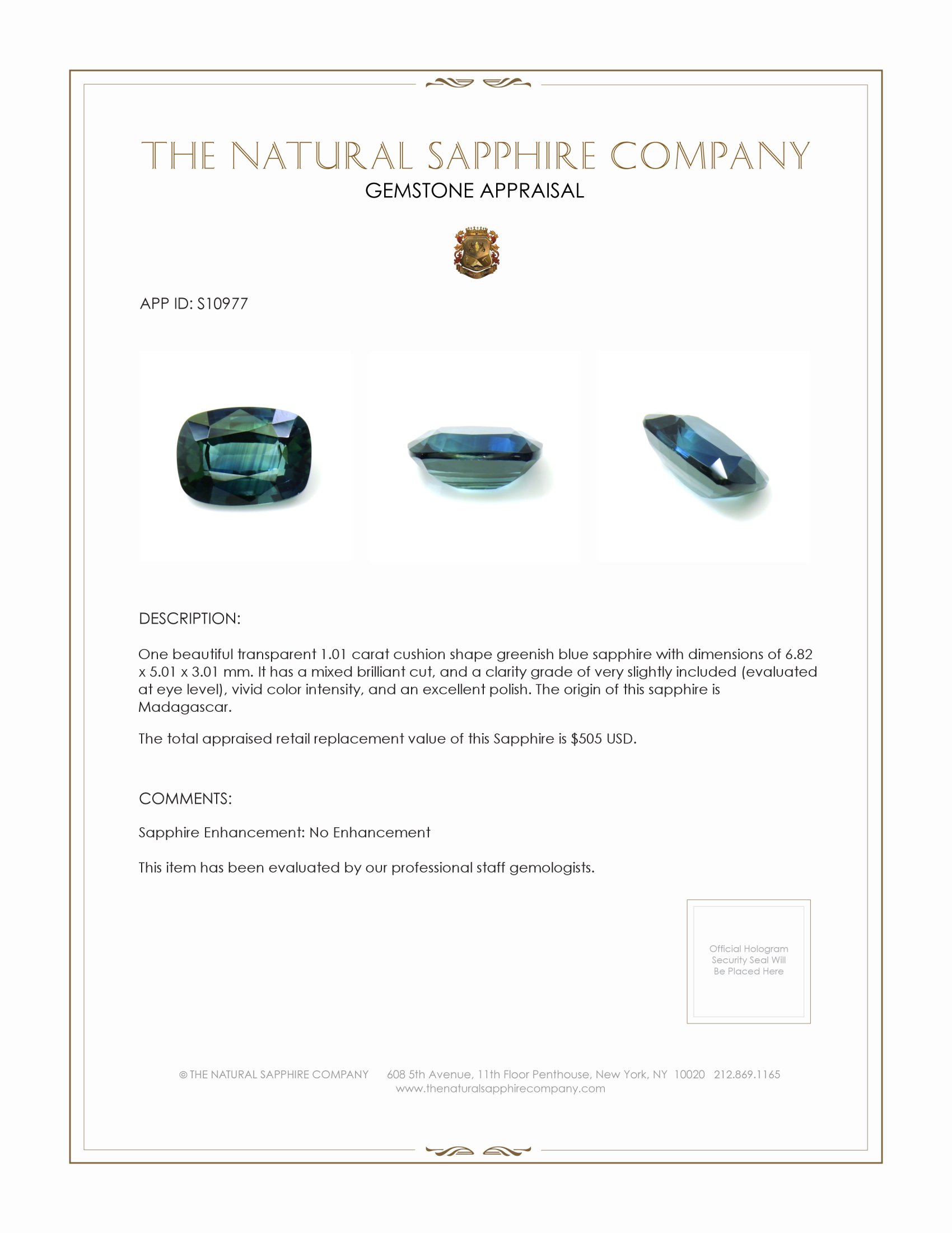 1.01 Ct. Greenish Blue Sapphire from Madagascar