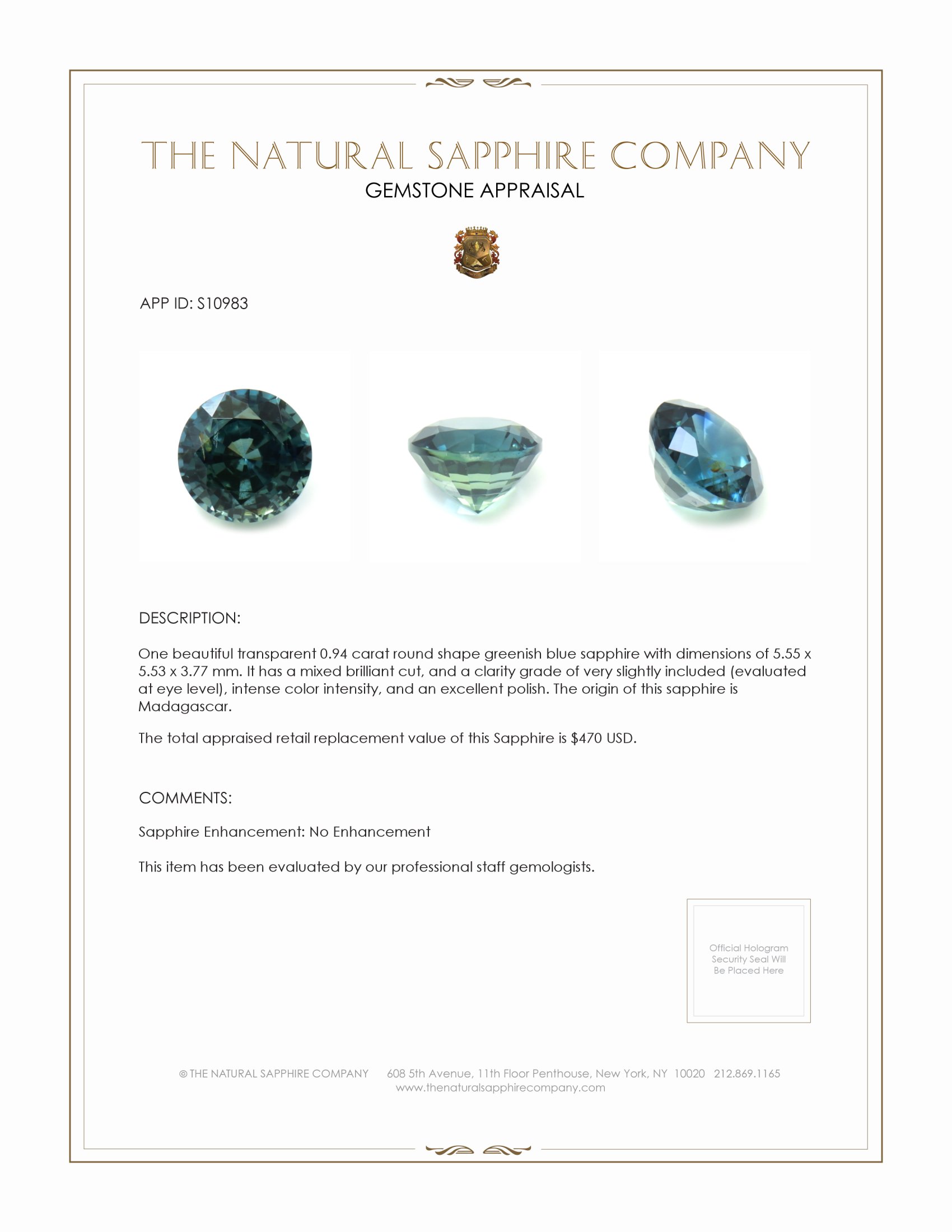 0.94 Ct. Greenish Blue Sapphire from Madagascar