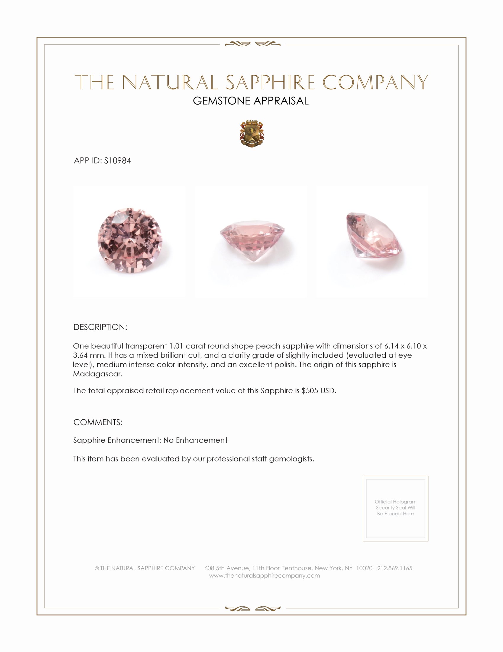 1.01 Ct. Peach Sapphire from Madagascar