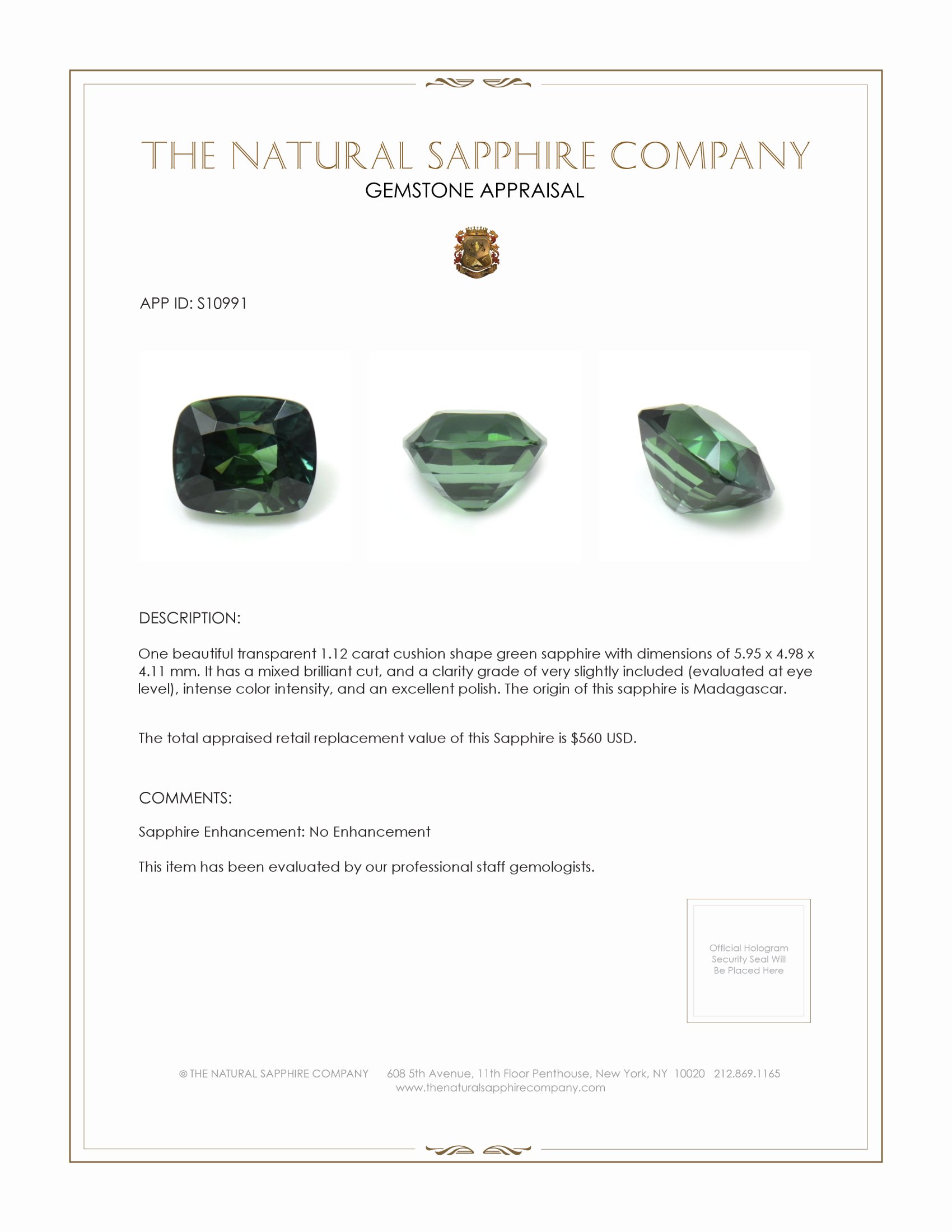 1.12 Ct. Green Sapphire from Madagascar