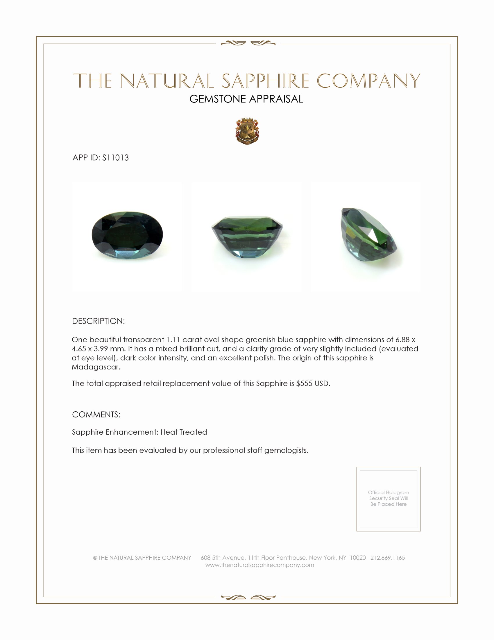 1.11 Ct. Greenish Blue Sapphire from Madagascar