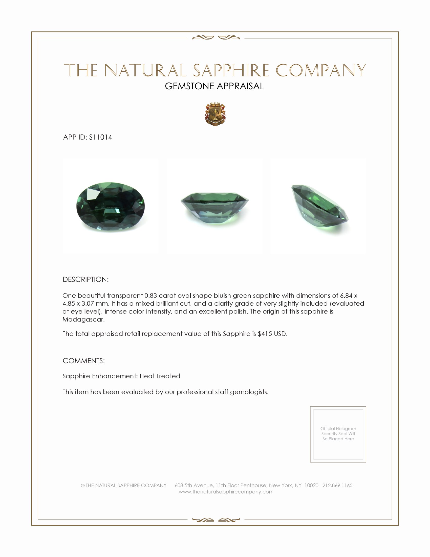 0.83 Ct. Bluish Green Sapphire from Madagascar