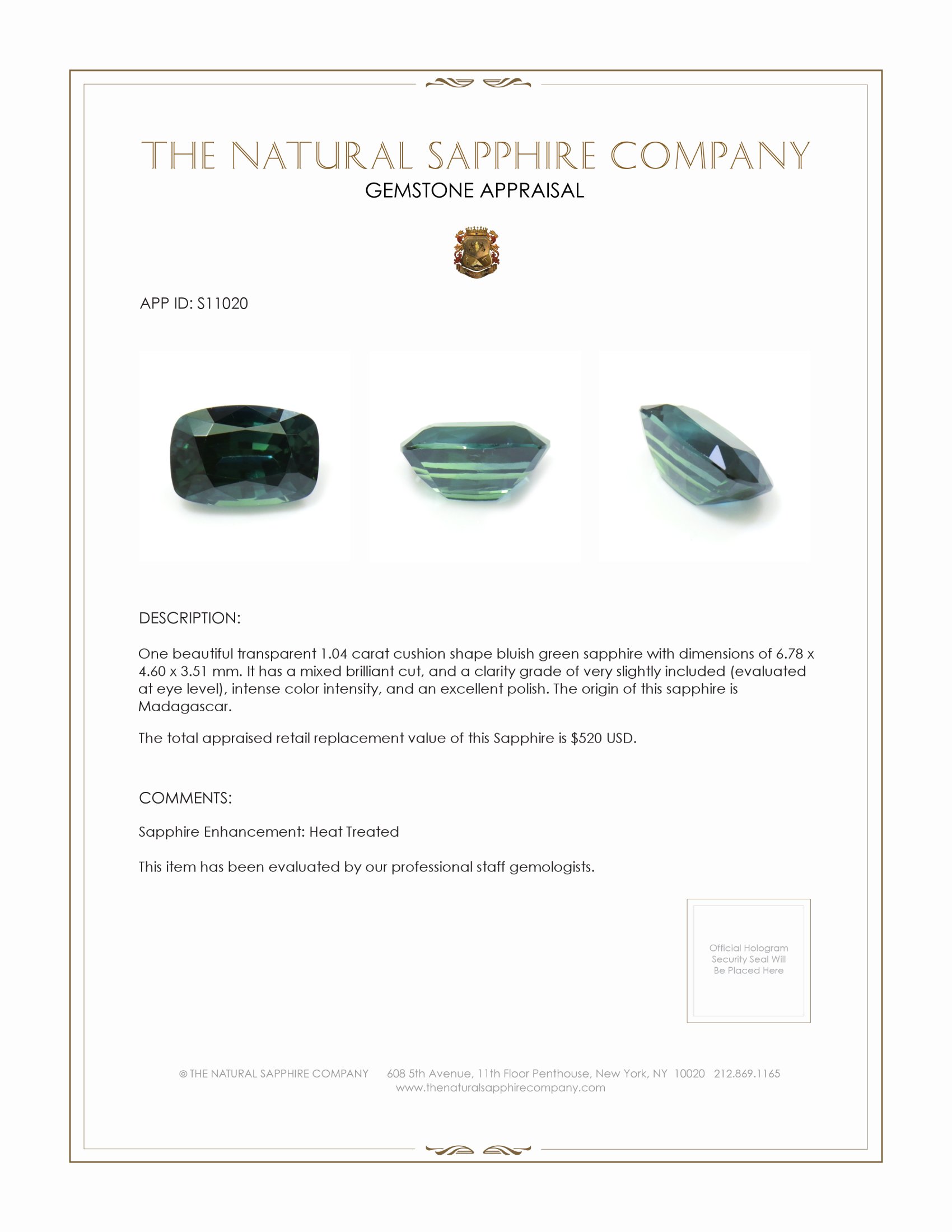 1.04 Ct. Bluish Green Sapphire from Madagascar